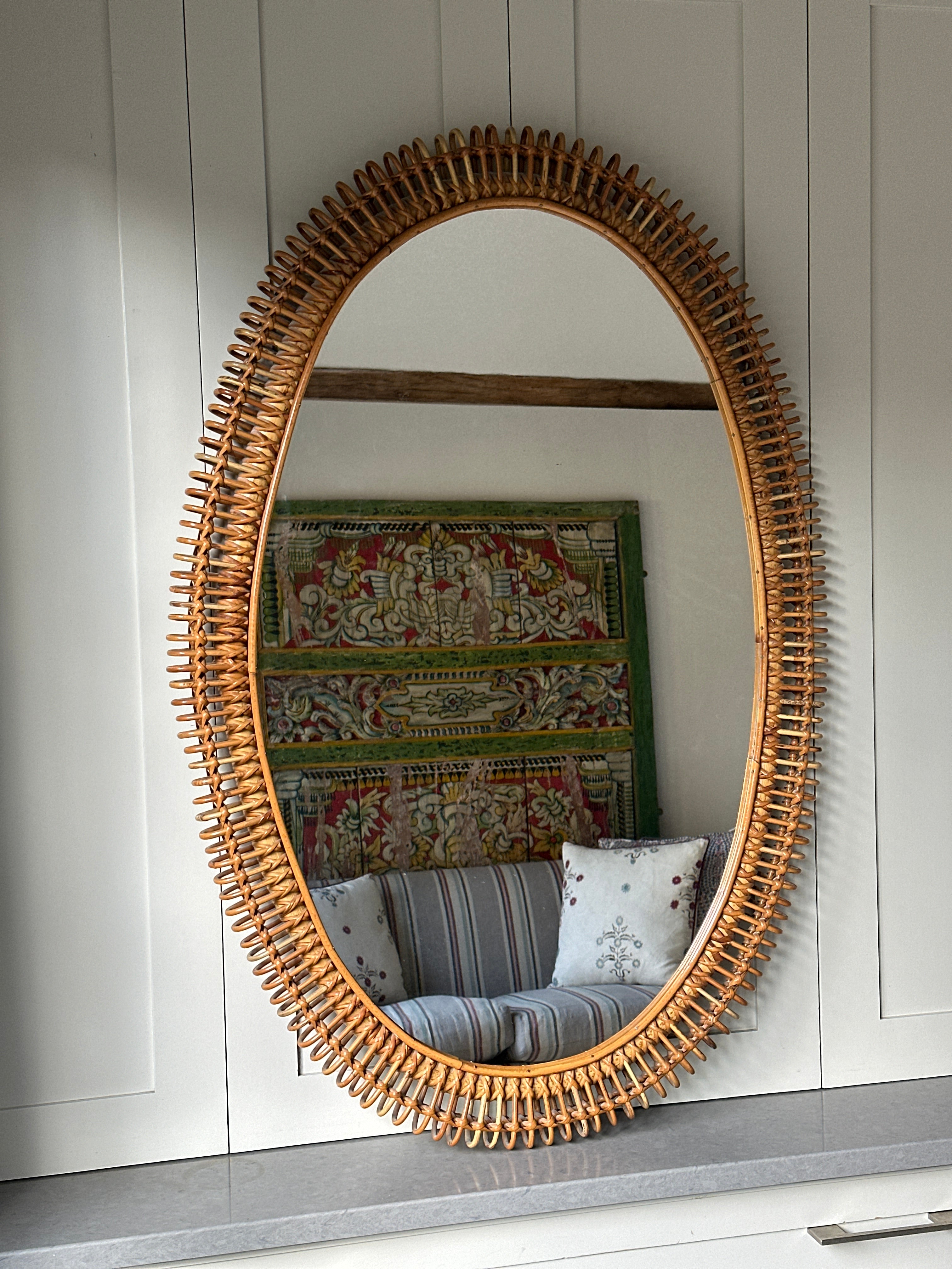 Large Italian Cane Oval Mirror from the 60s