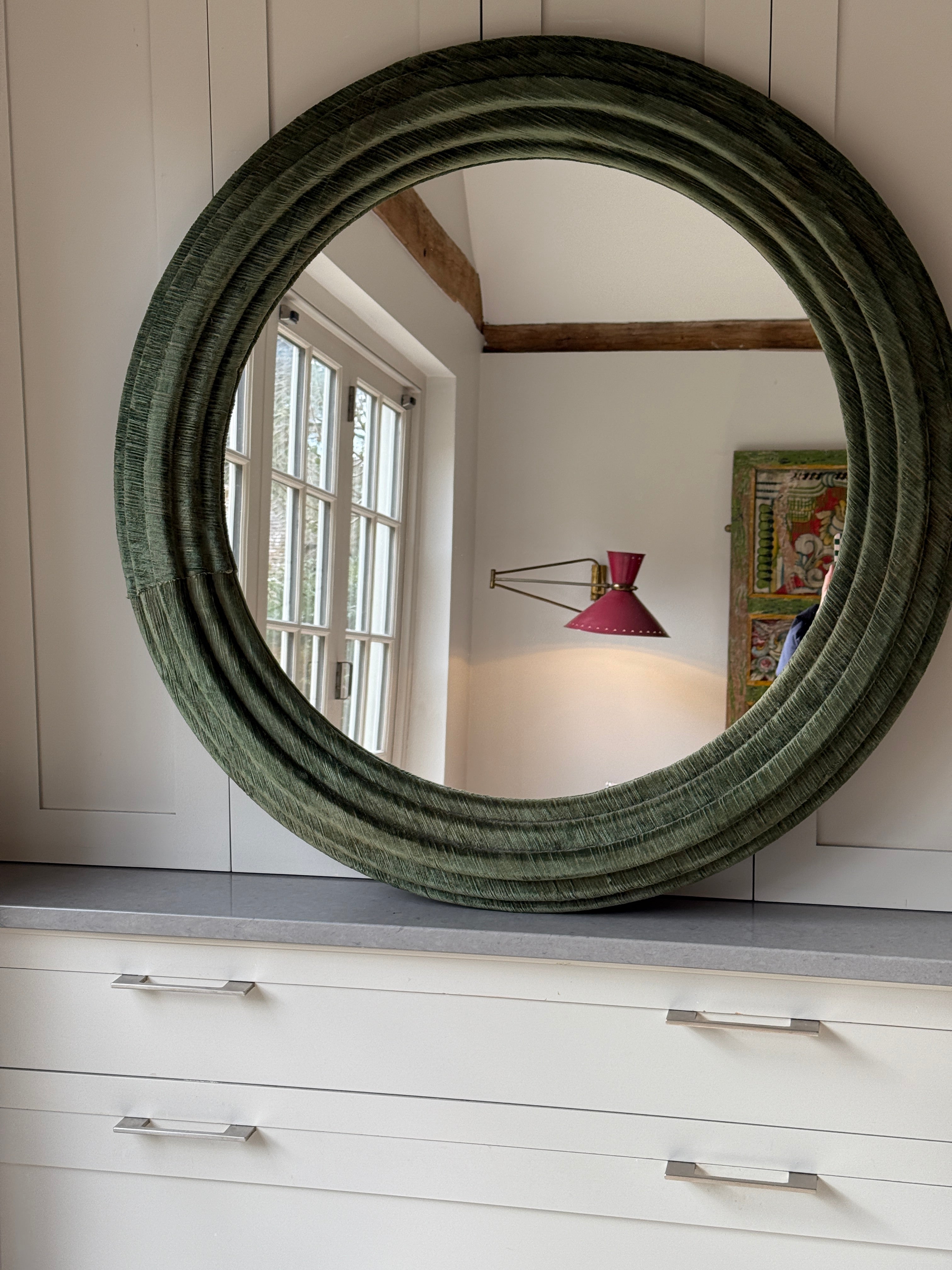 Large Modern Circular Mirror in Green Corduroy Velvet