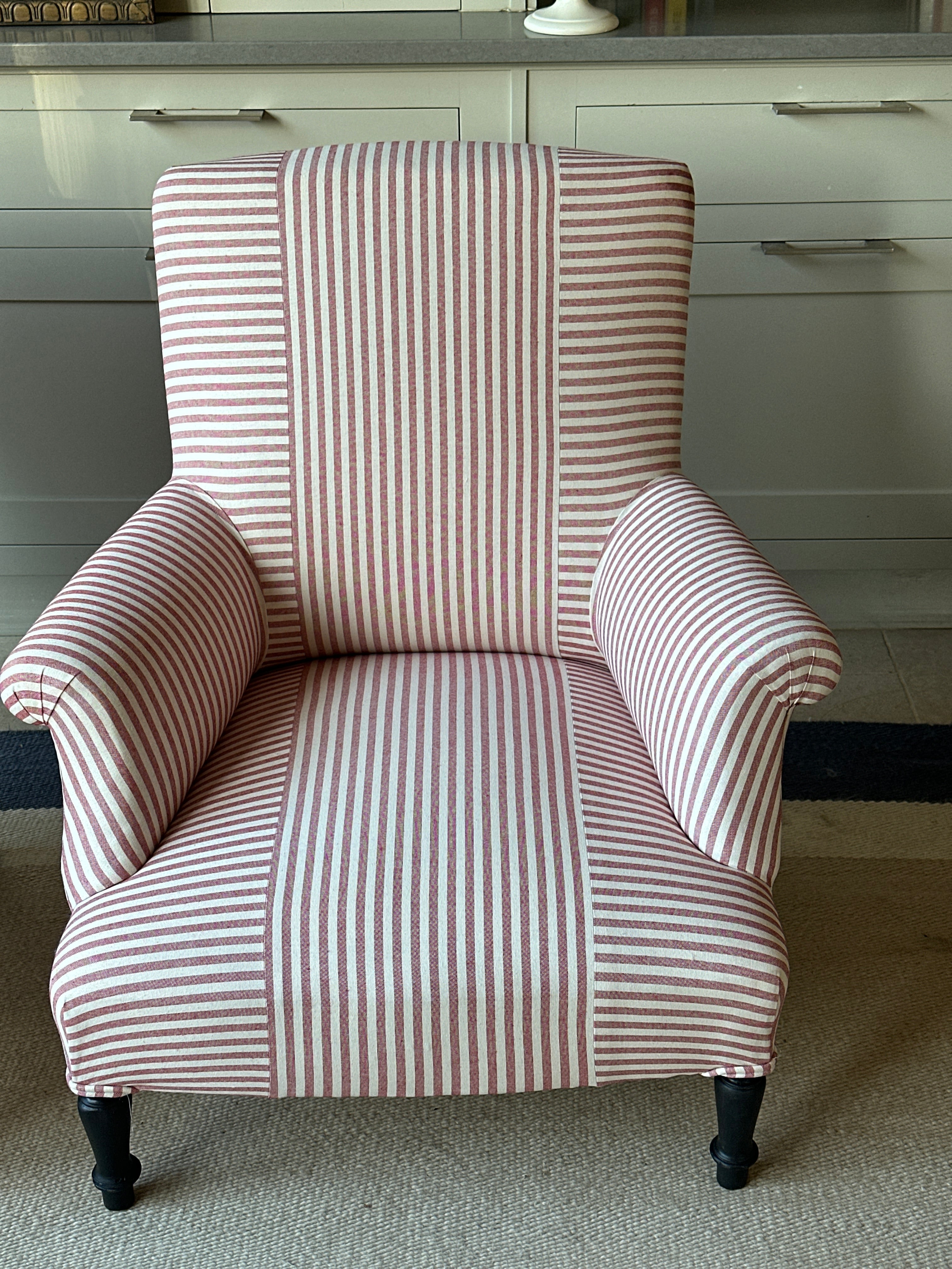 Pair of Napoleon III Squareback chairs in Red ticking Criss Cross