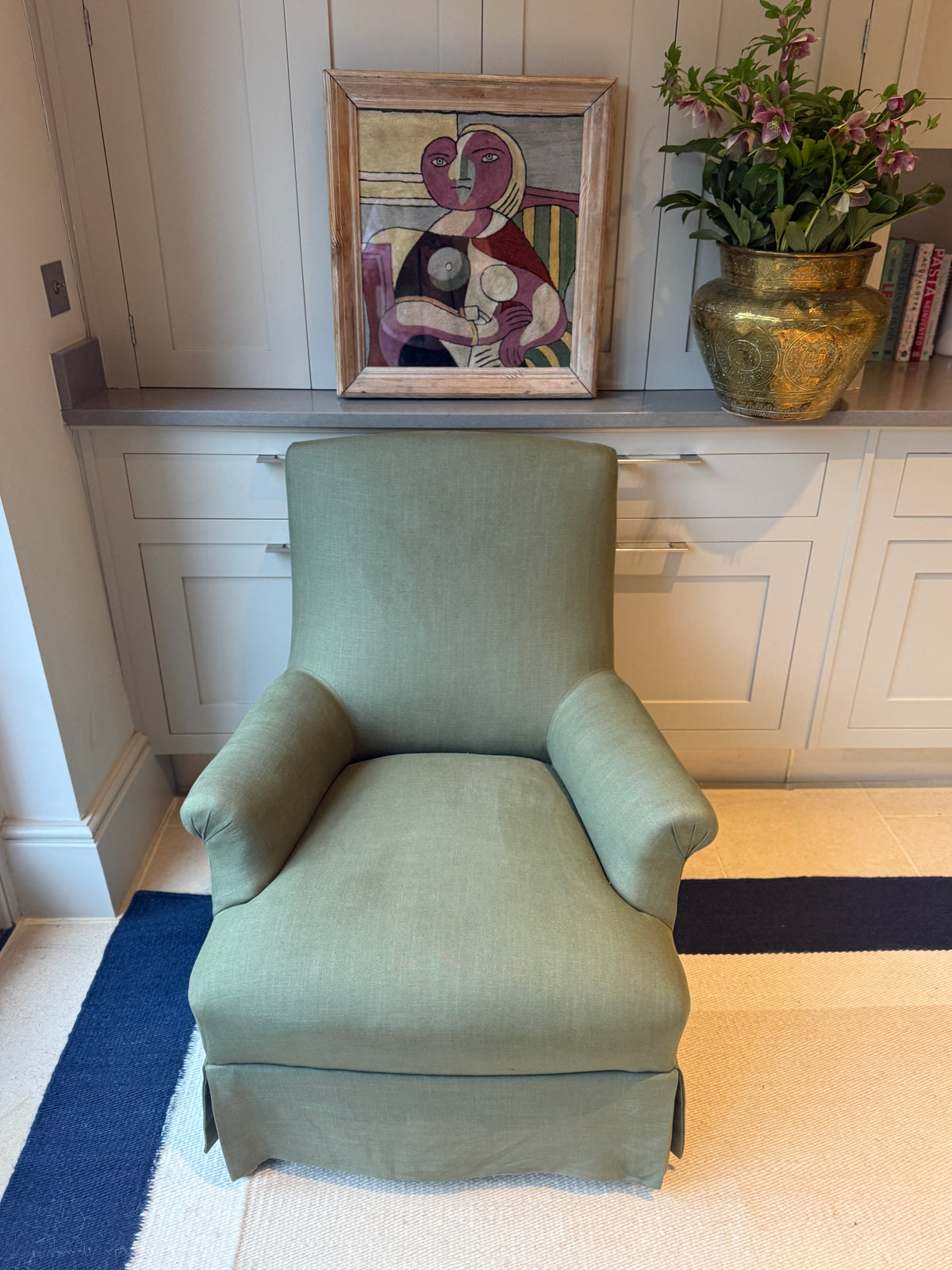 Napoleon III Armchair in Sage Green Linen