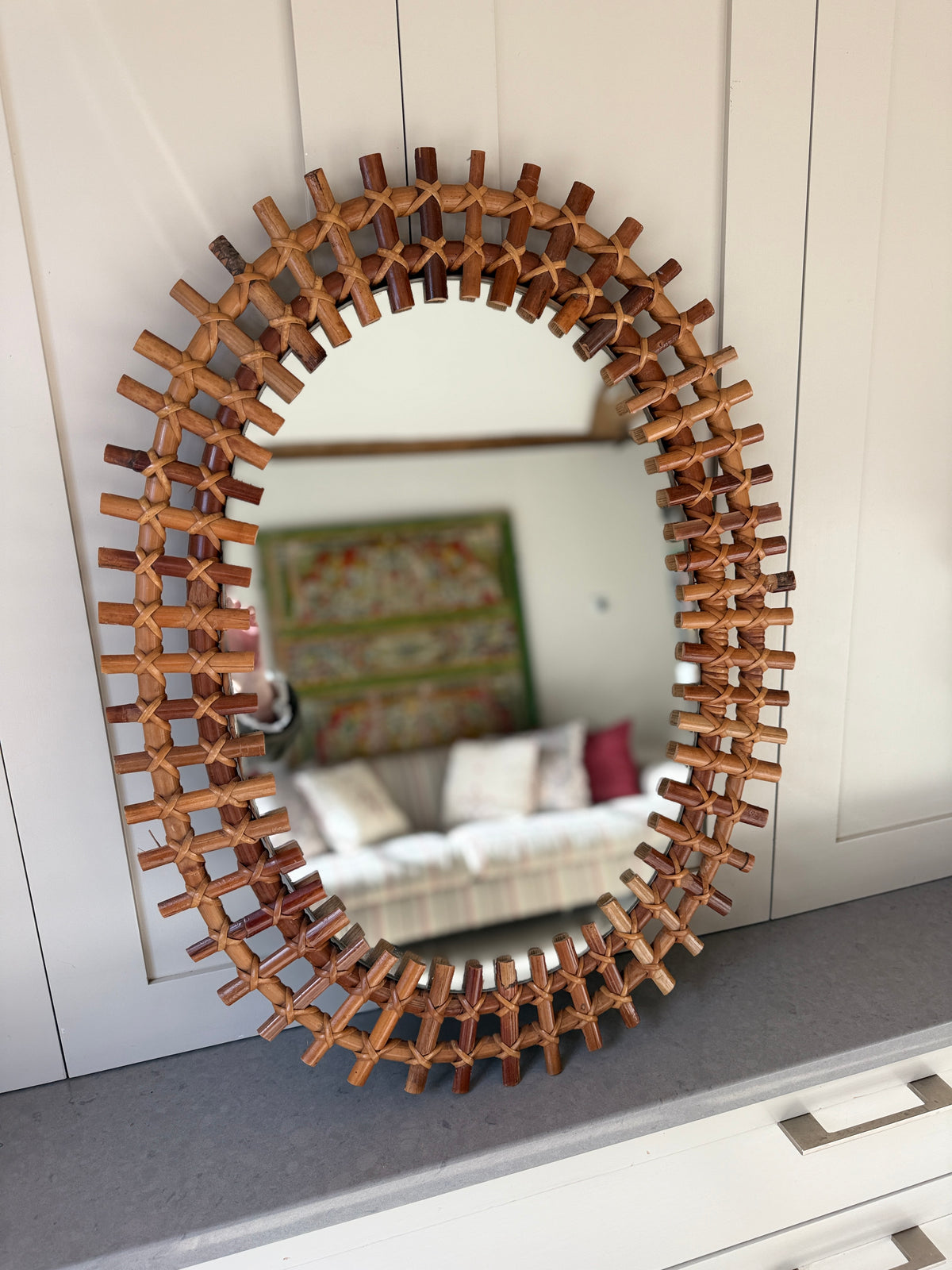 Large Italian Oval Rattan Mirror (73 by 56)
