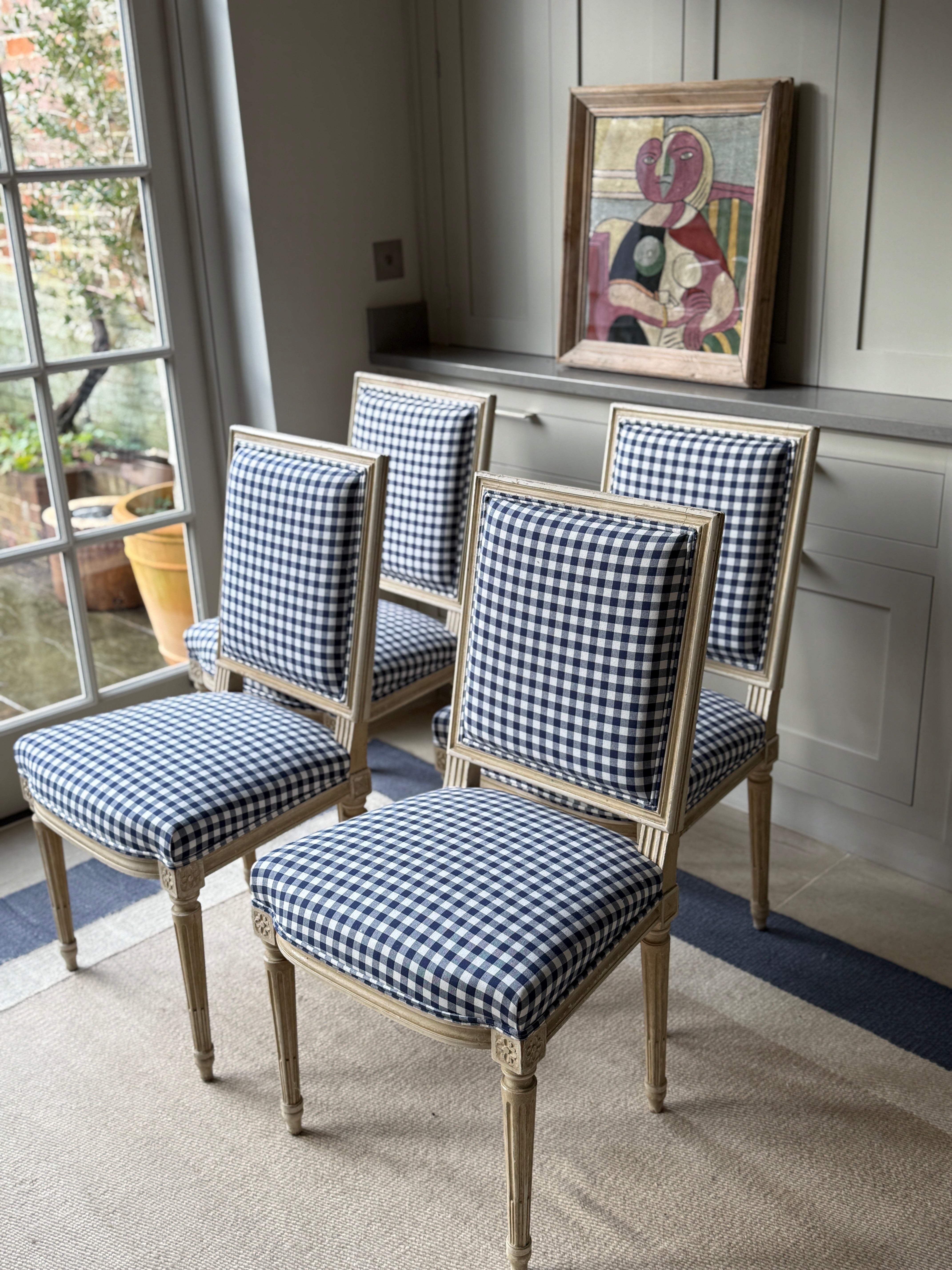 Set of 4 French Dining Chairs in Blue and White Gingham