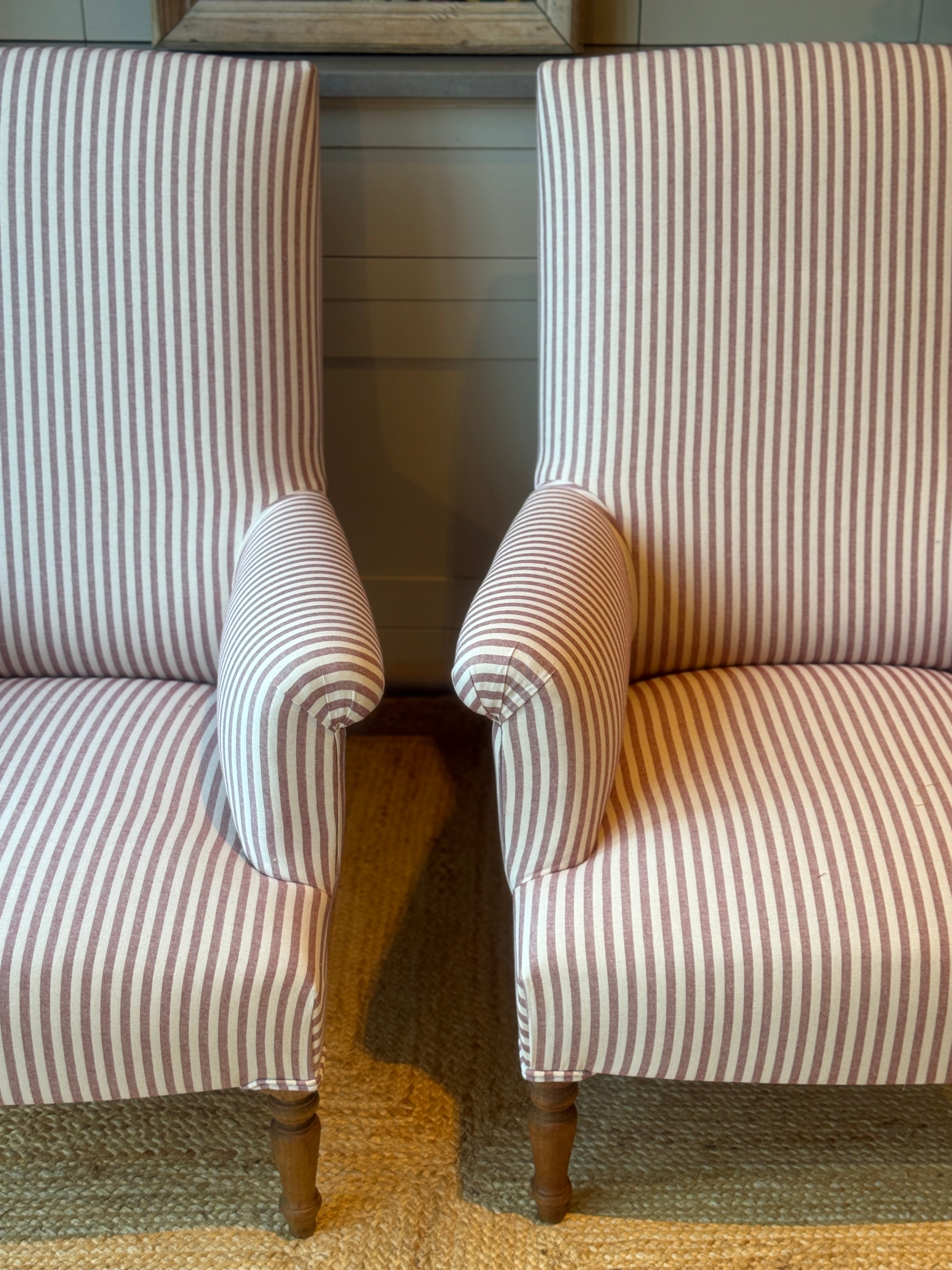 Large Pair of French Armchairs in red and white ticking
