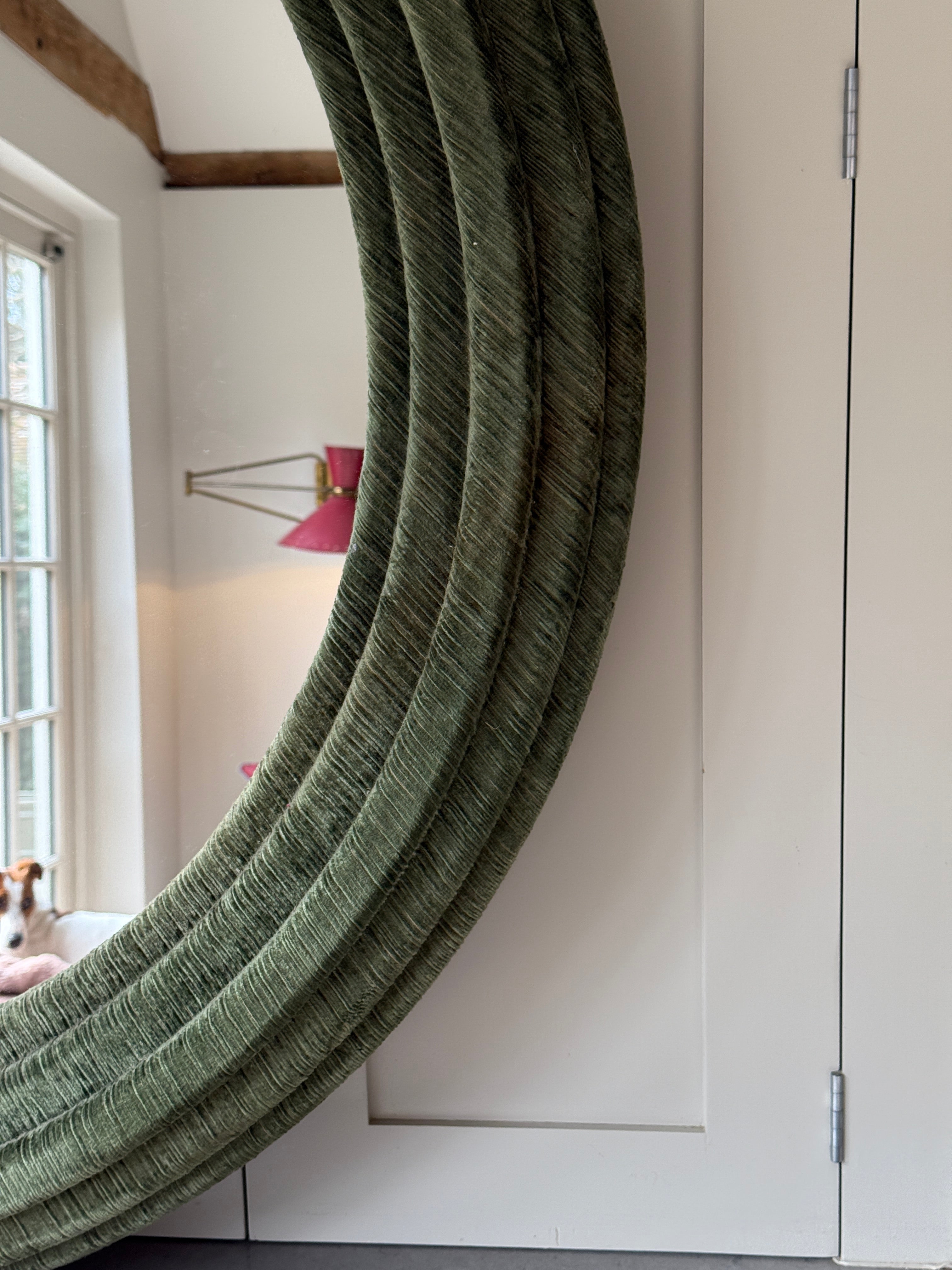 Large Modern Circular Mirror in Green Corduroy Velvet