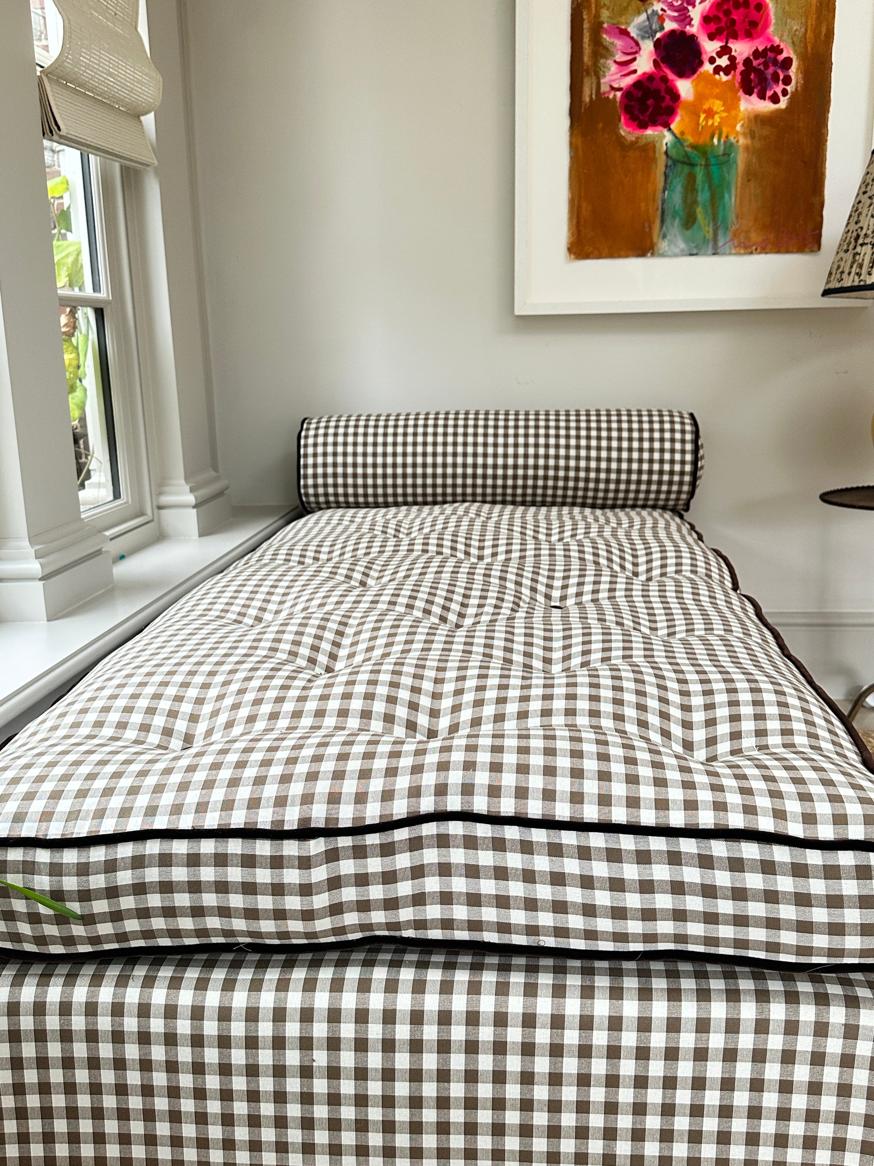Large Daybed with Squab cushion in brown gingham and brown velvet piping and buttons.