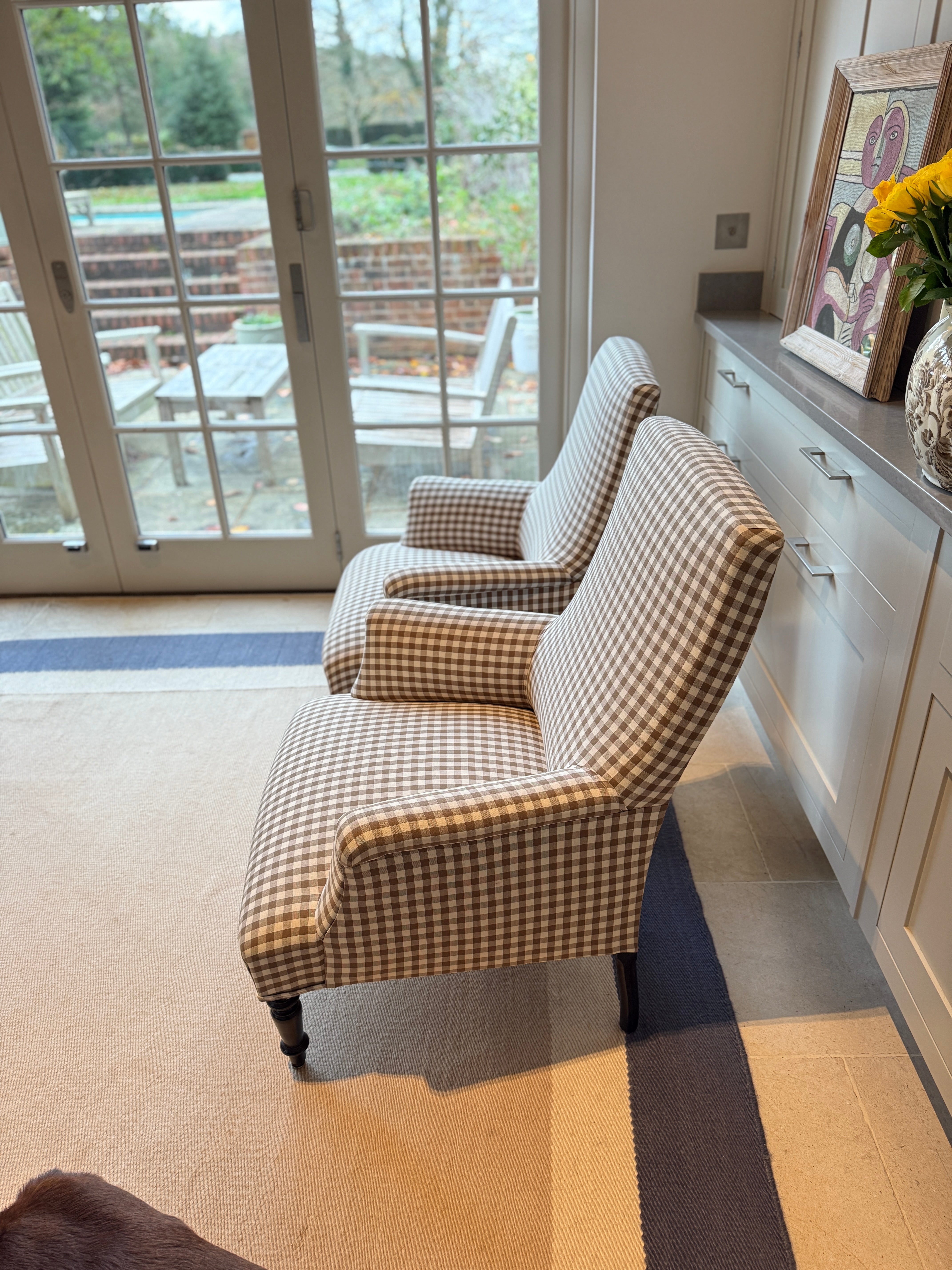 Pair of French Squareback Chairs in Brown Gingham