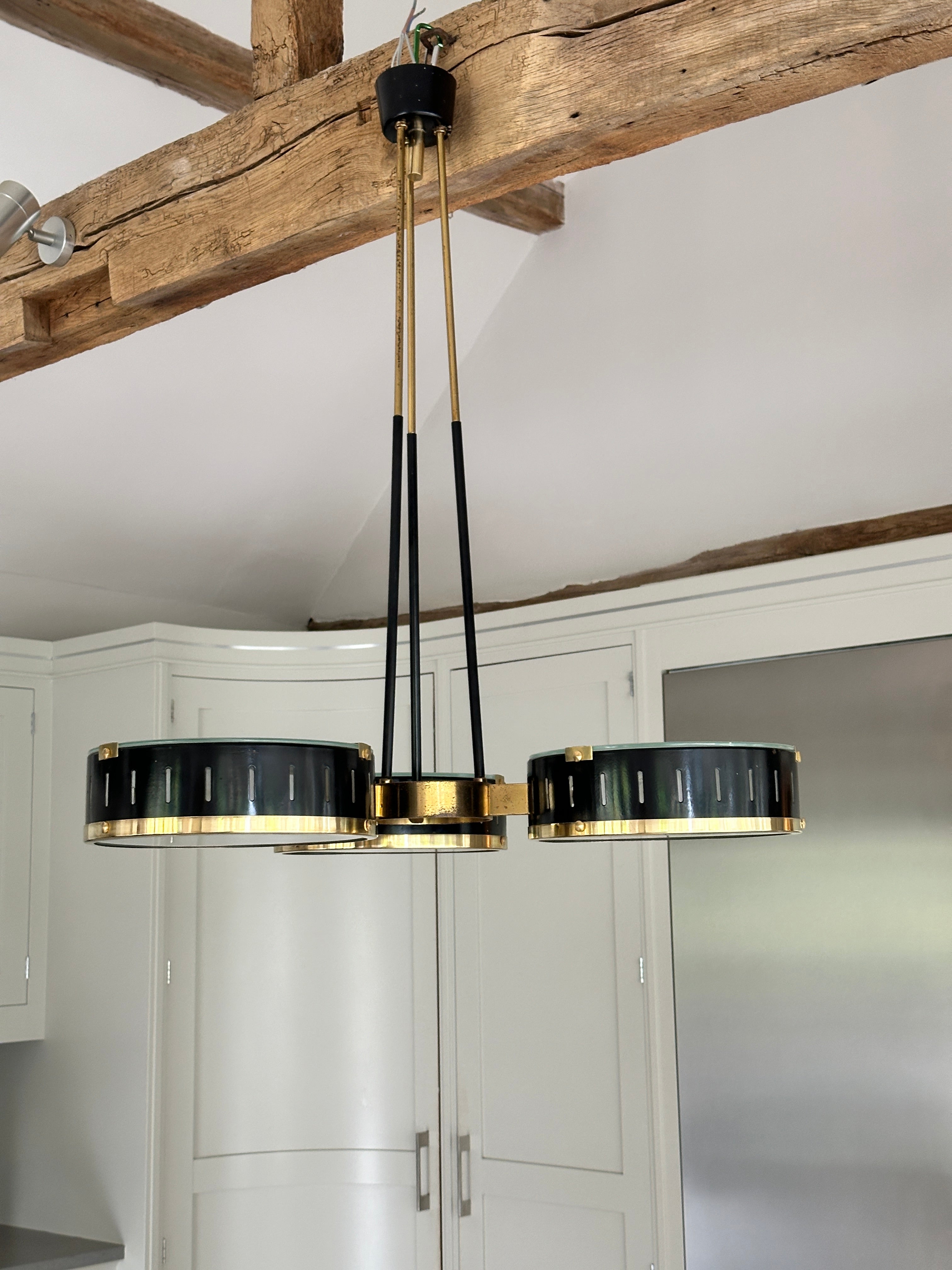 Large Italian ๐ฎ๐น 1950s Suspension light in black metal and brass by Stilux Milan