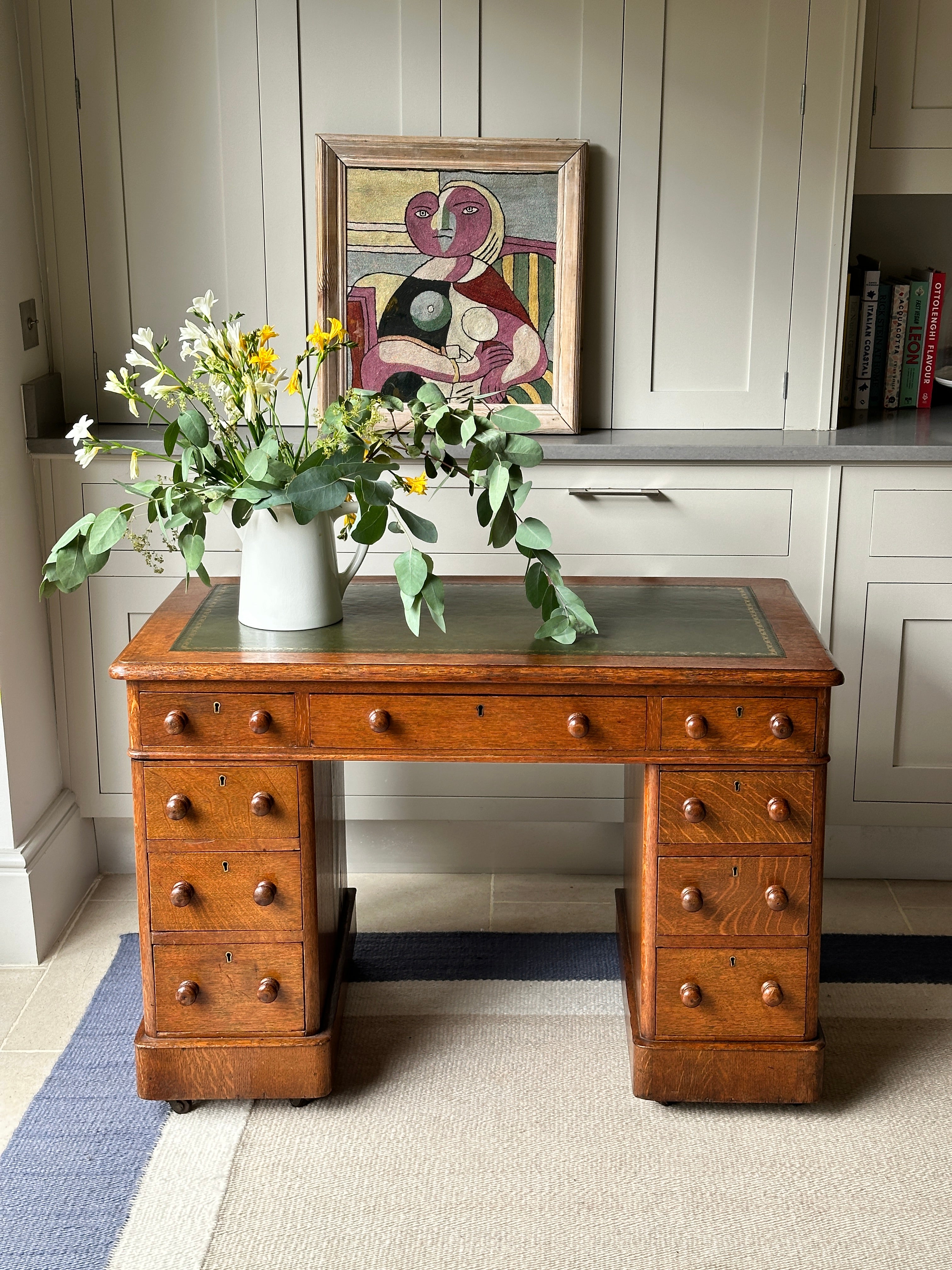 Charming Small Oak Desk with Green Leather Top