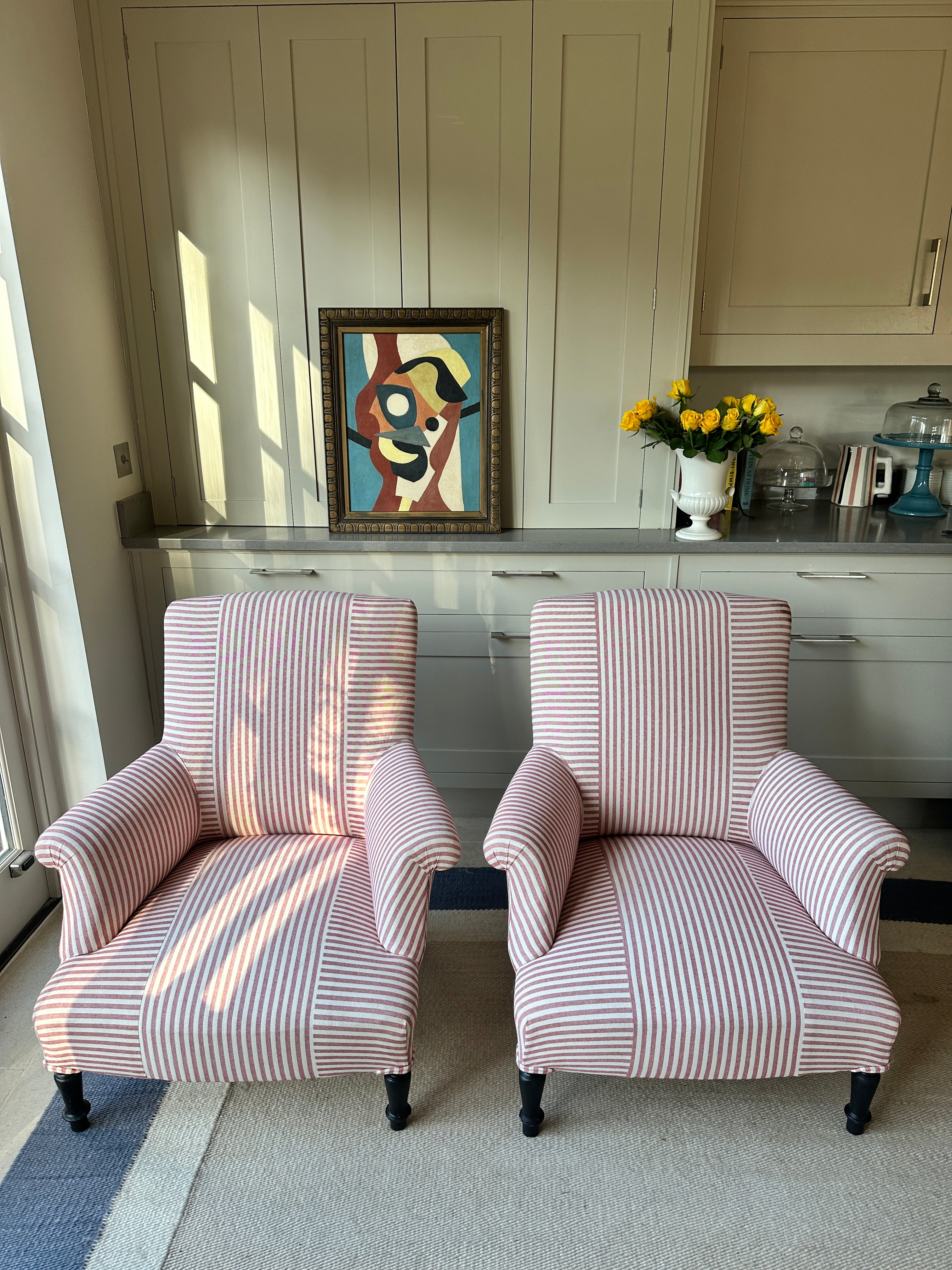 Pair of Napoleon III Squareback chairs in Red ticking Criss Cross