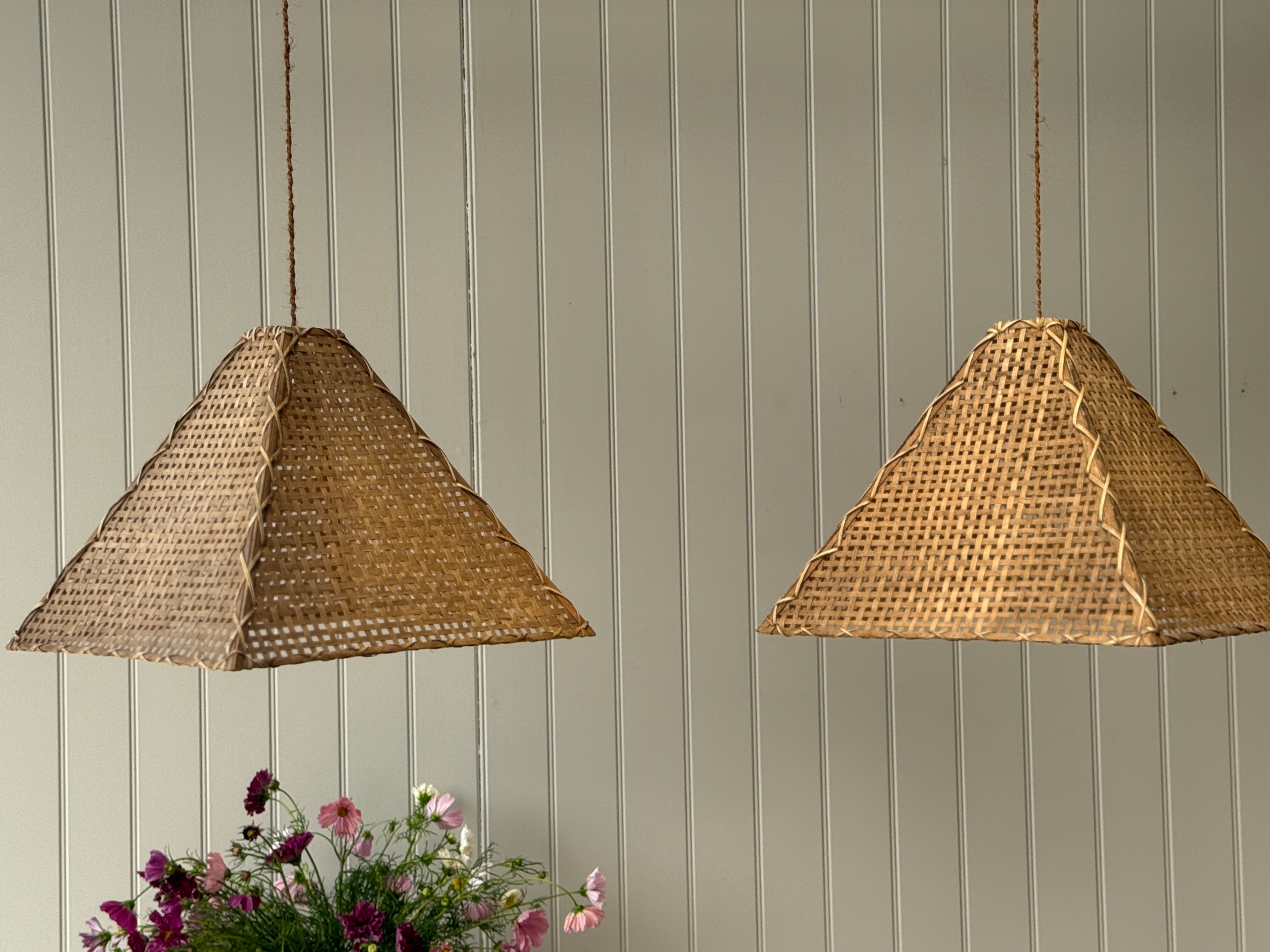Pair of Woven Cane Pyramid Lampshades