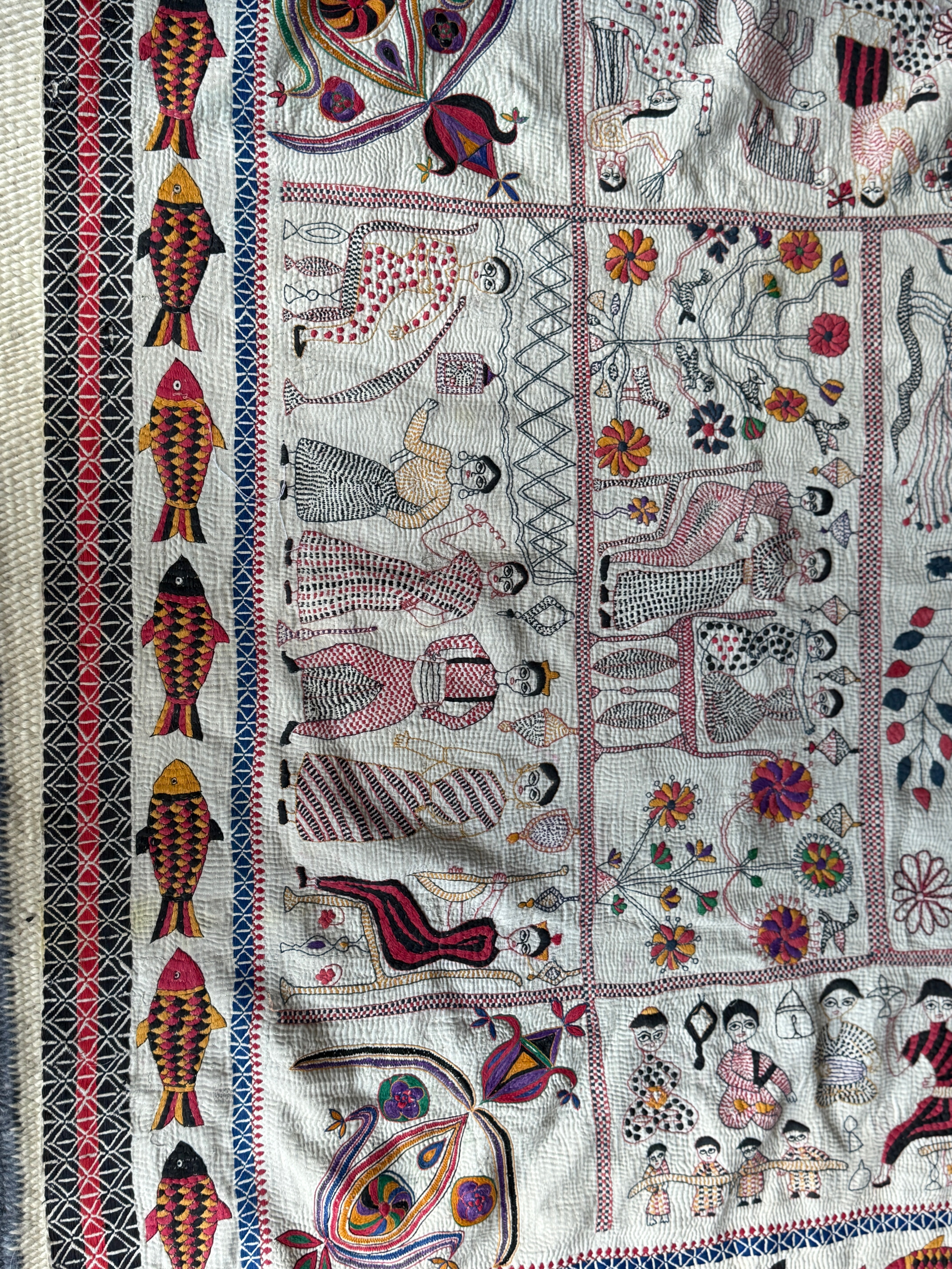 Rare Bengali Nakshi Kantha with Fish Border c late 19th Century