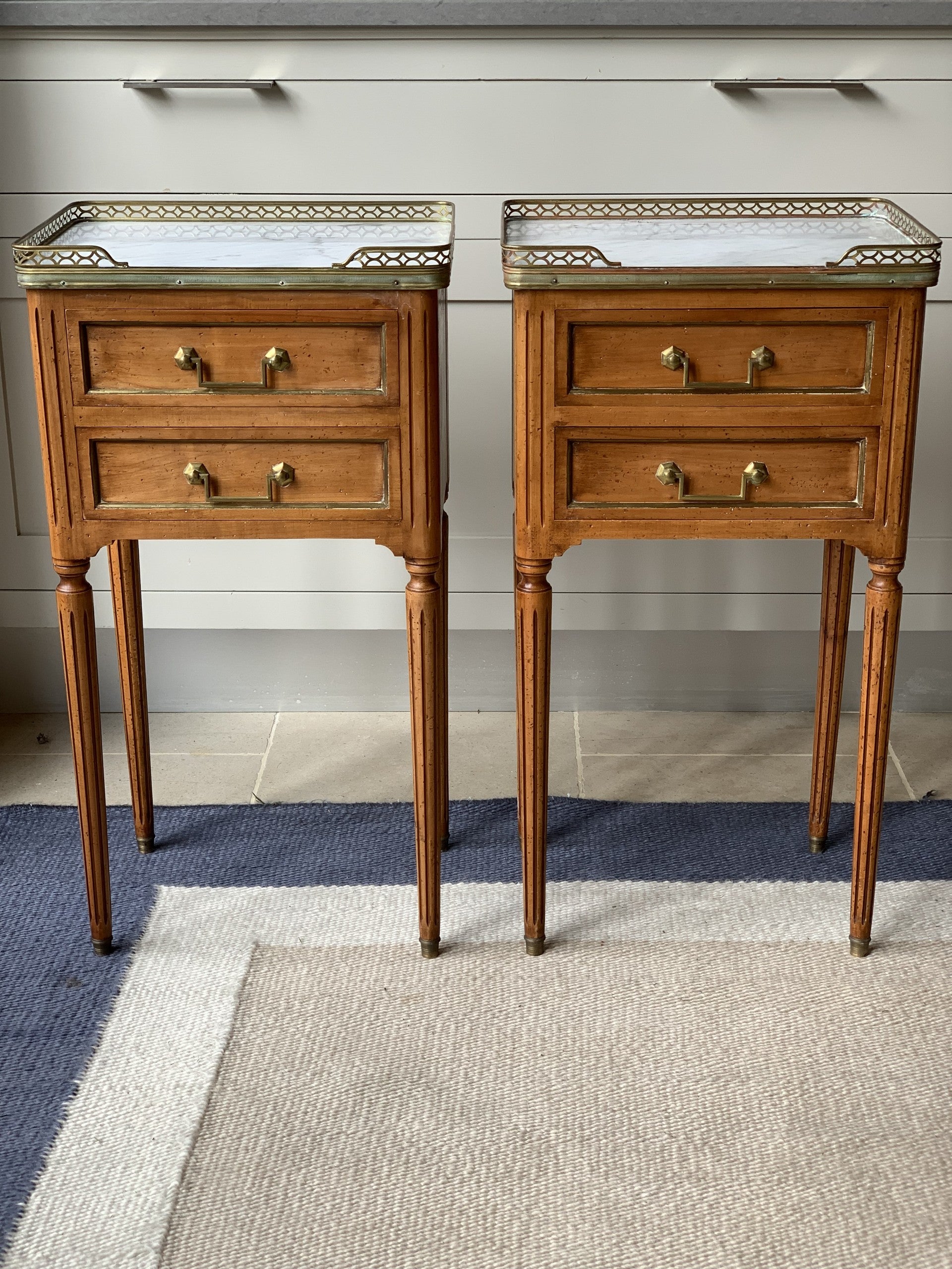Pair of French Marble Topped Bedside Tables with Brass Galleries