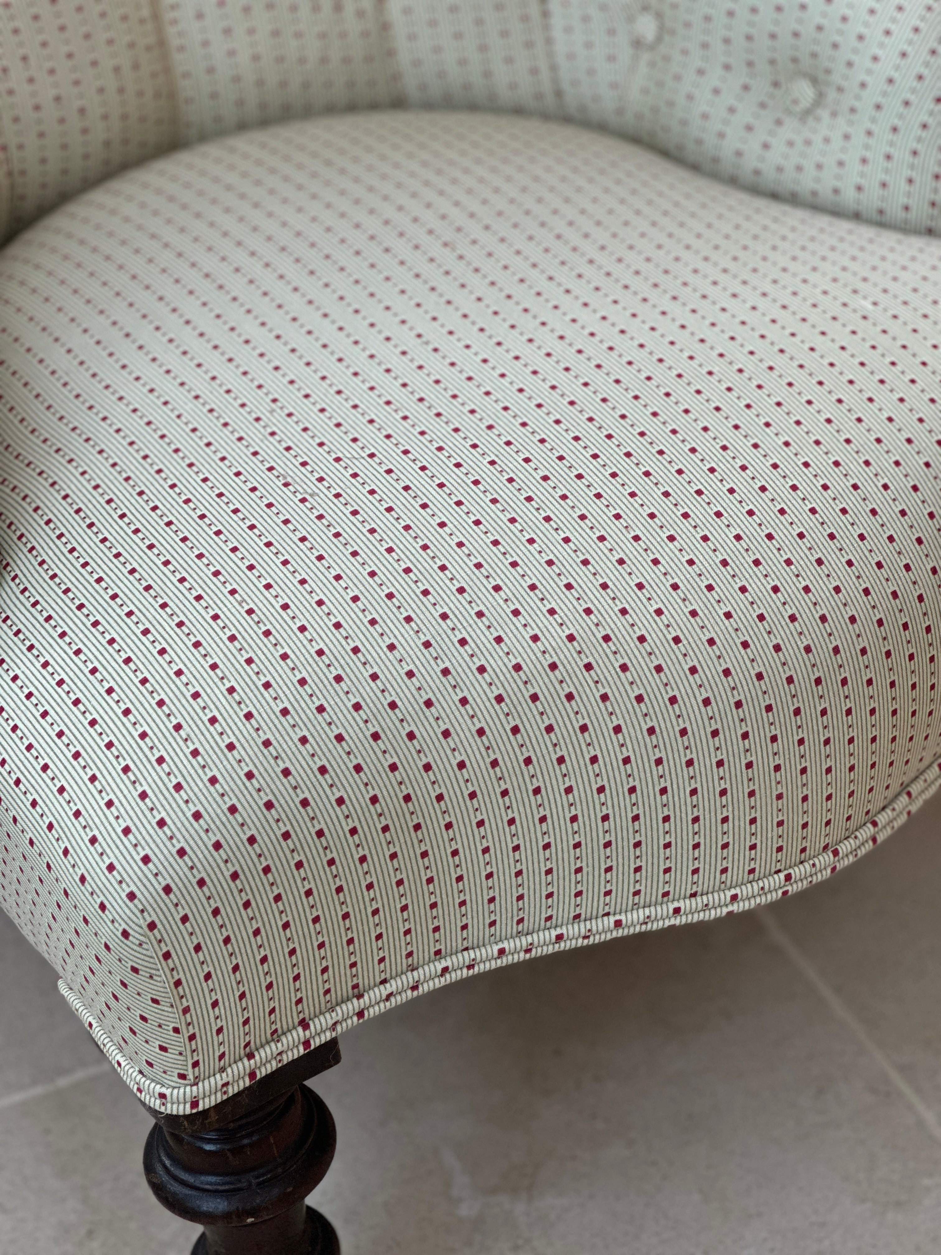 English Button Back Tub Chair in Tonal Ticking by Kathryn M Ireland