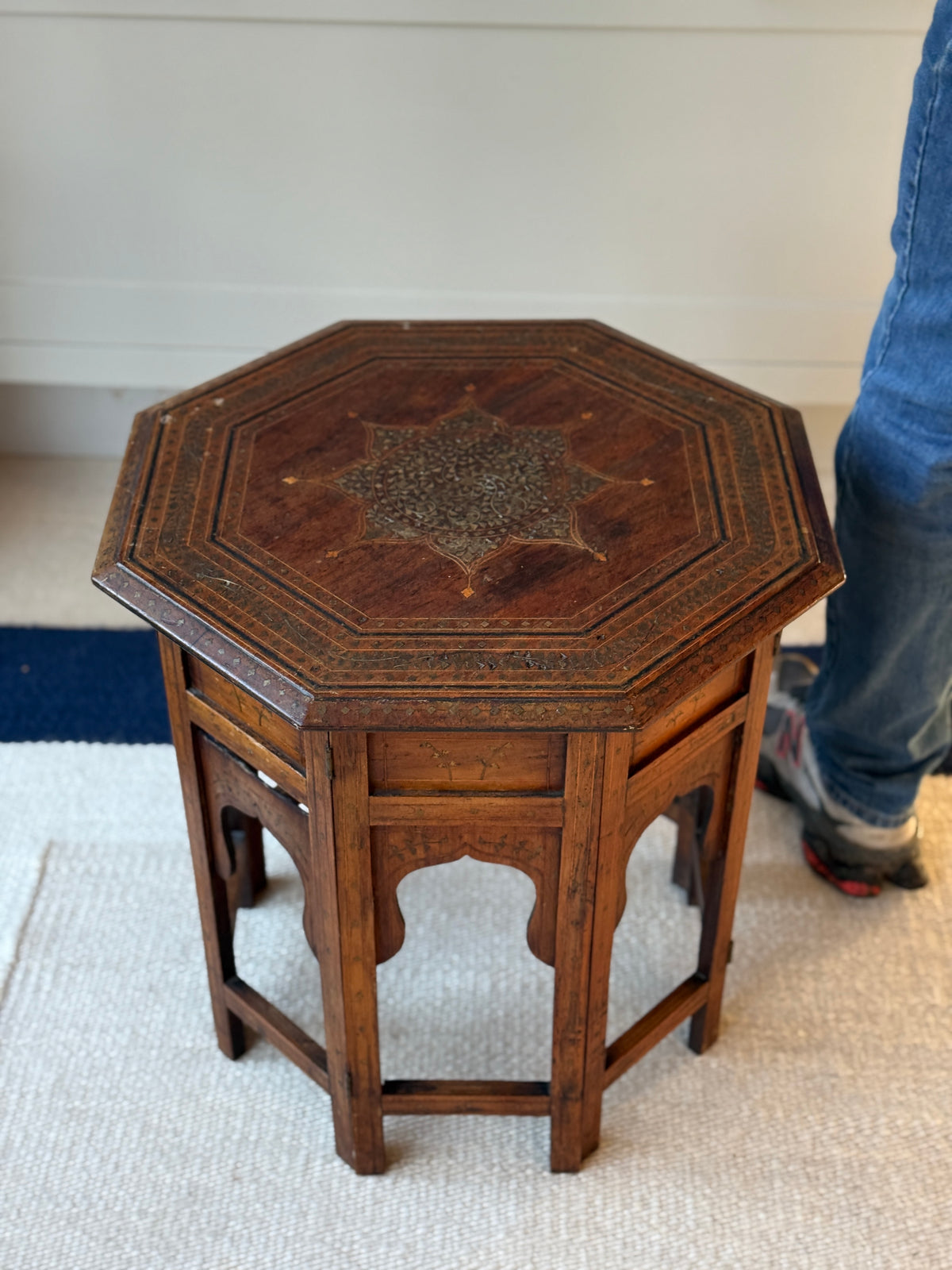 Antique Anglo-Indian Octagonal Folding Table with Brass Inlay