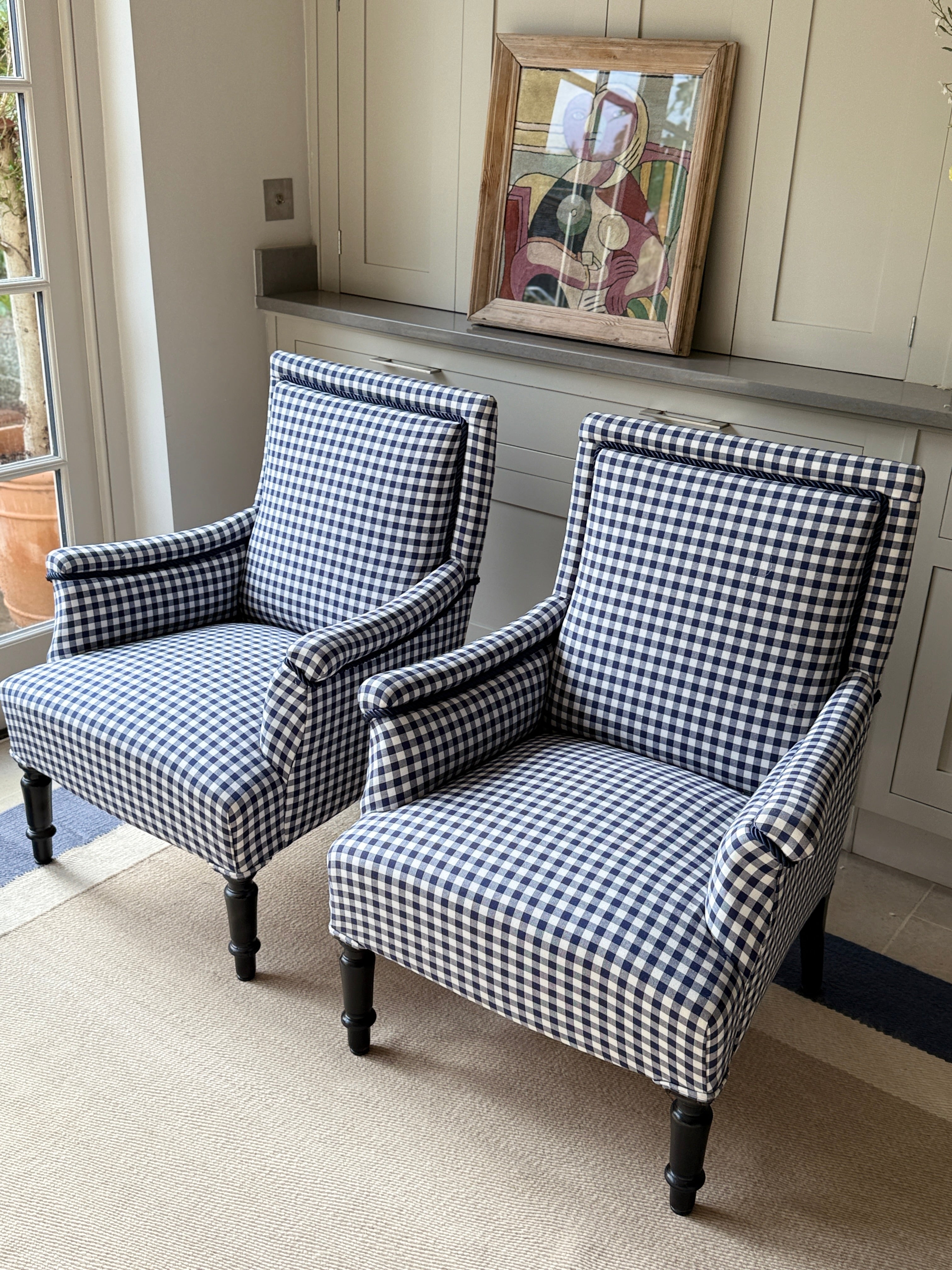 Pair of 19th Century French Armchairs in Navy Gingham