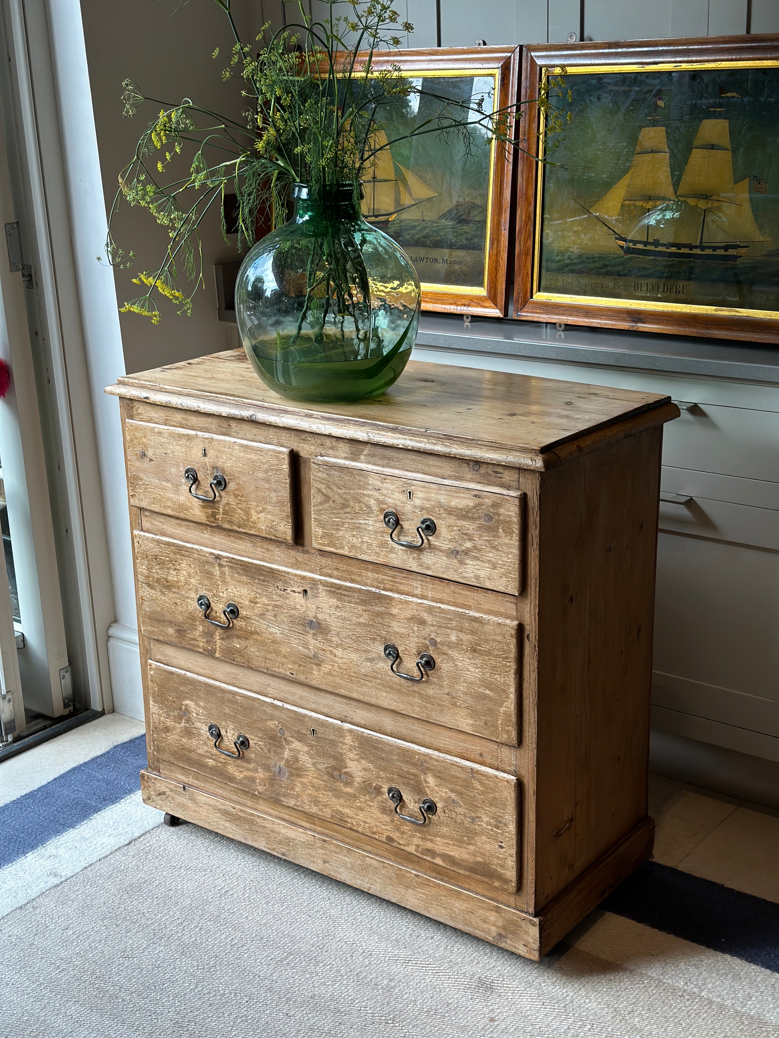 Charming Antique Pine Chest of Drawers on castors