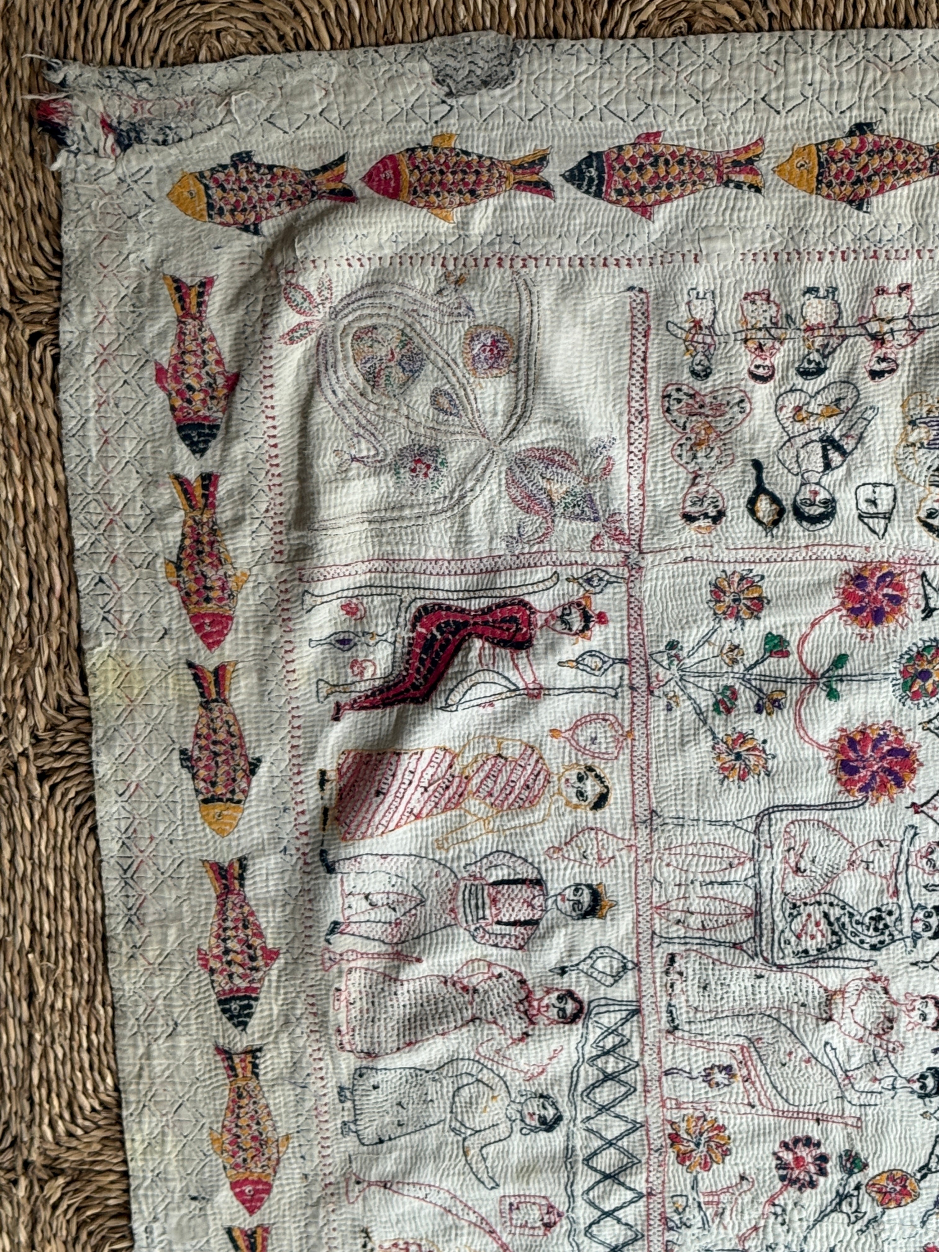 Rare Bengali Nakshi Kantha with Fish Border c late 19th Century