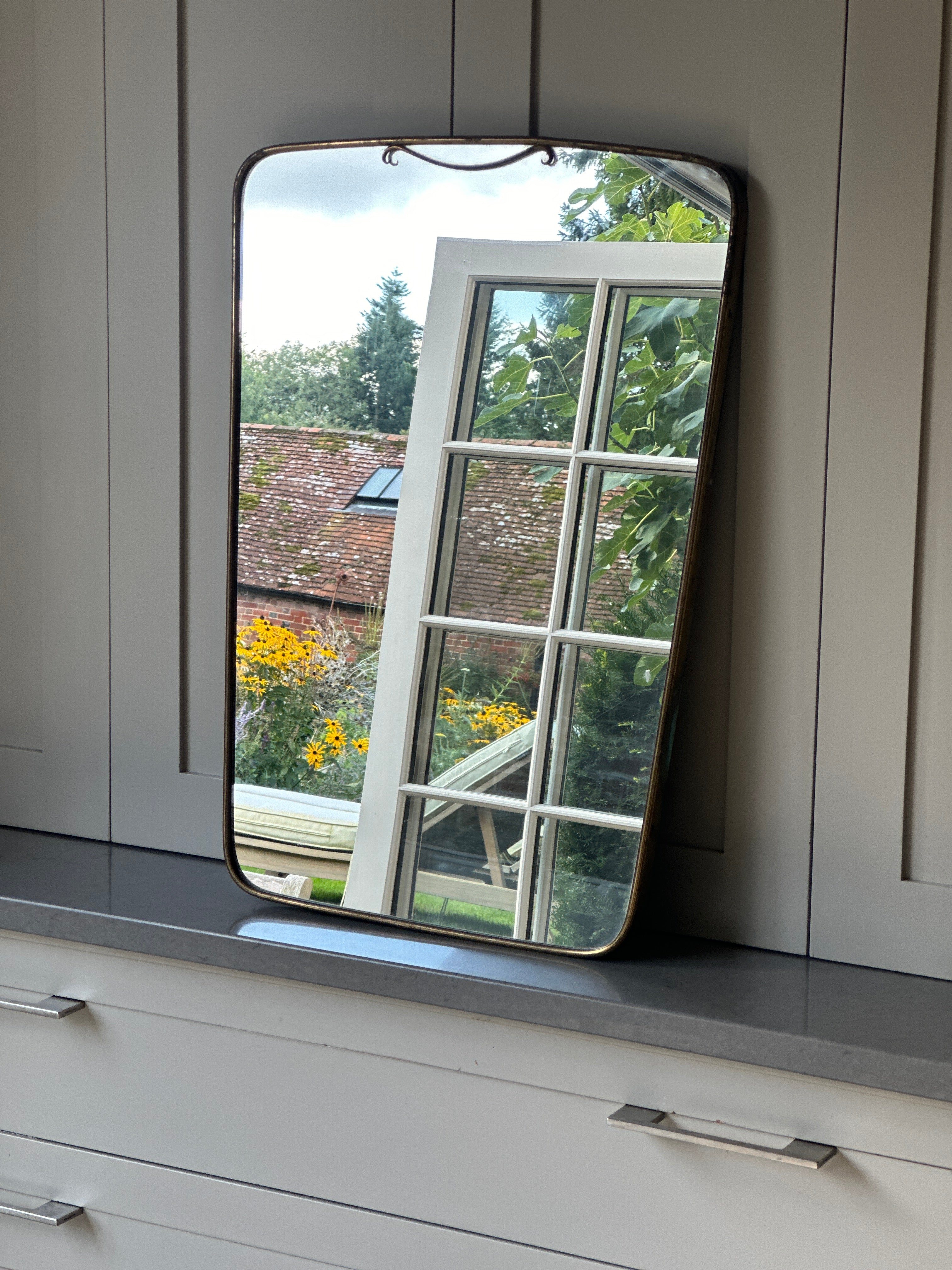 1950s Italian Shield Mirror with Crest Attributed to Fontana Arte