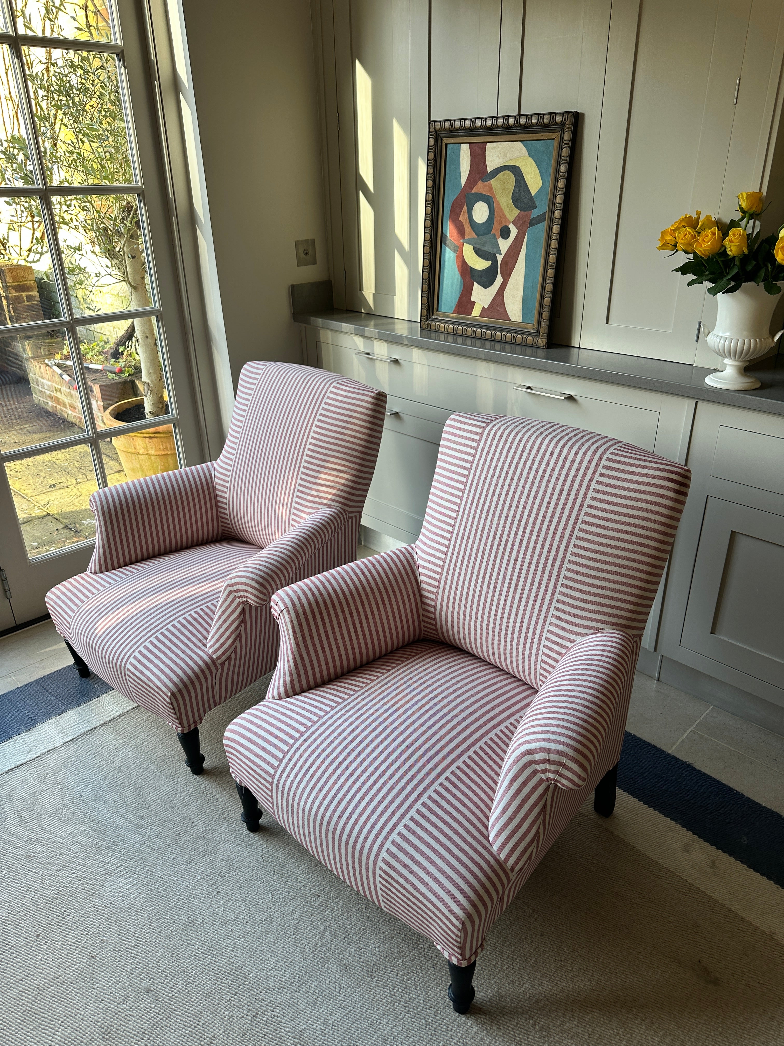 Pair of Napoleon III Squareback chairs in Red ticking Criss Cross