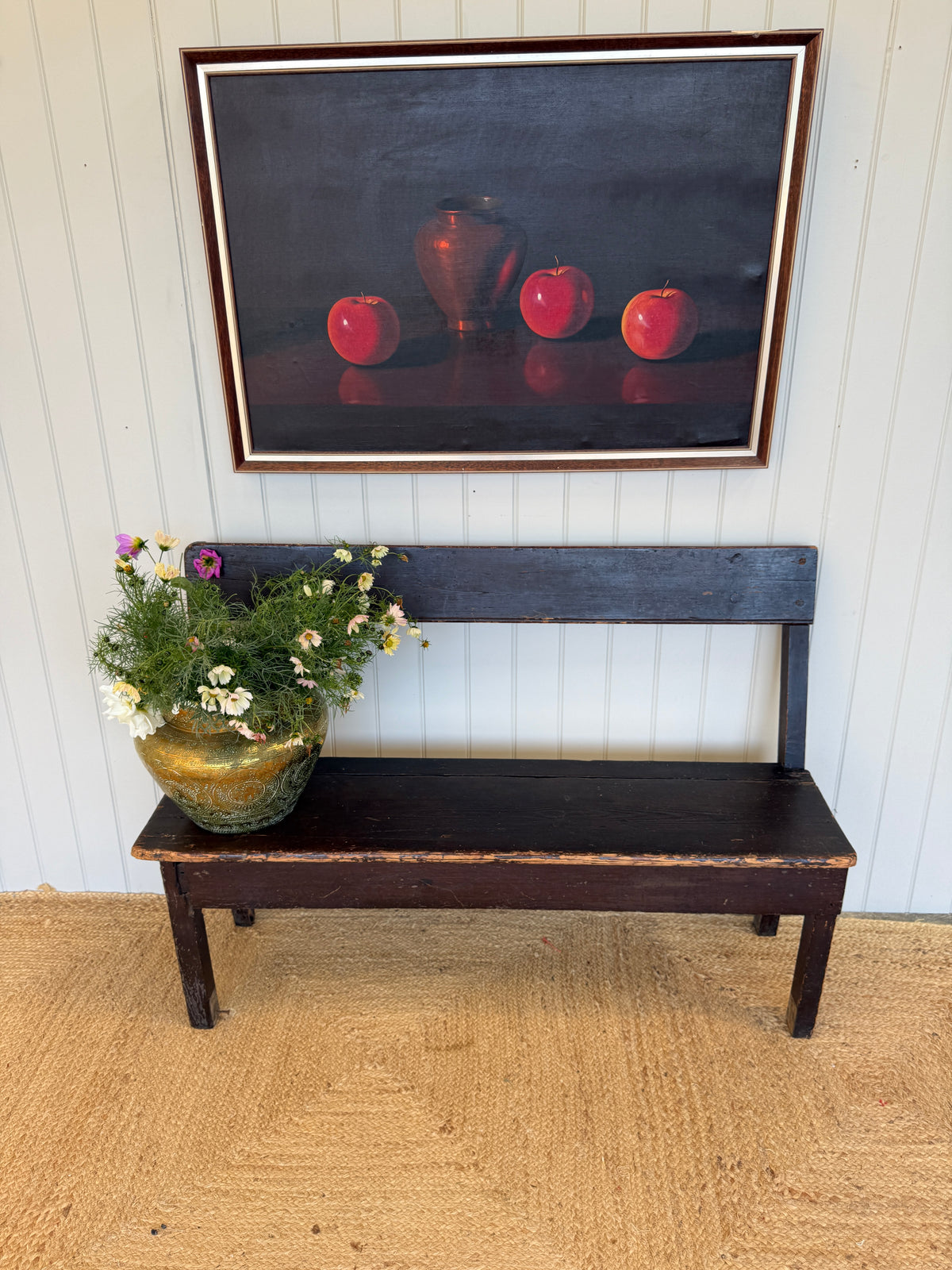Rustic 19th Century Painted Pine Bench with Slatted Back