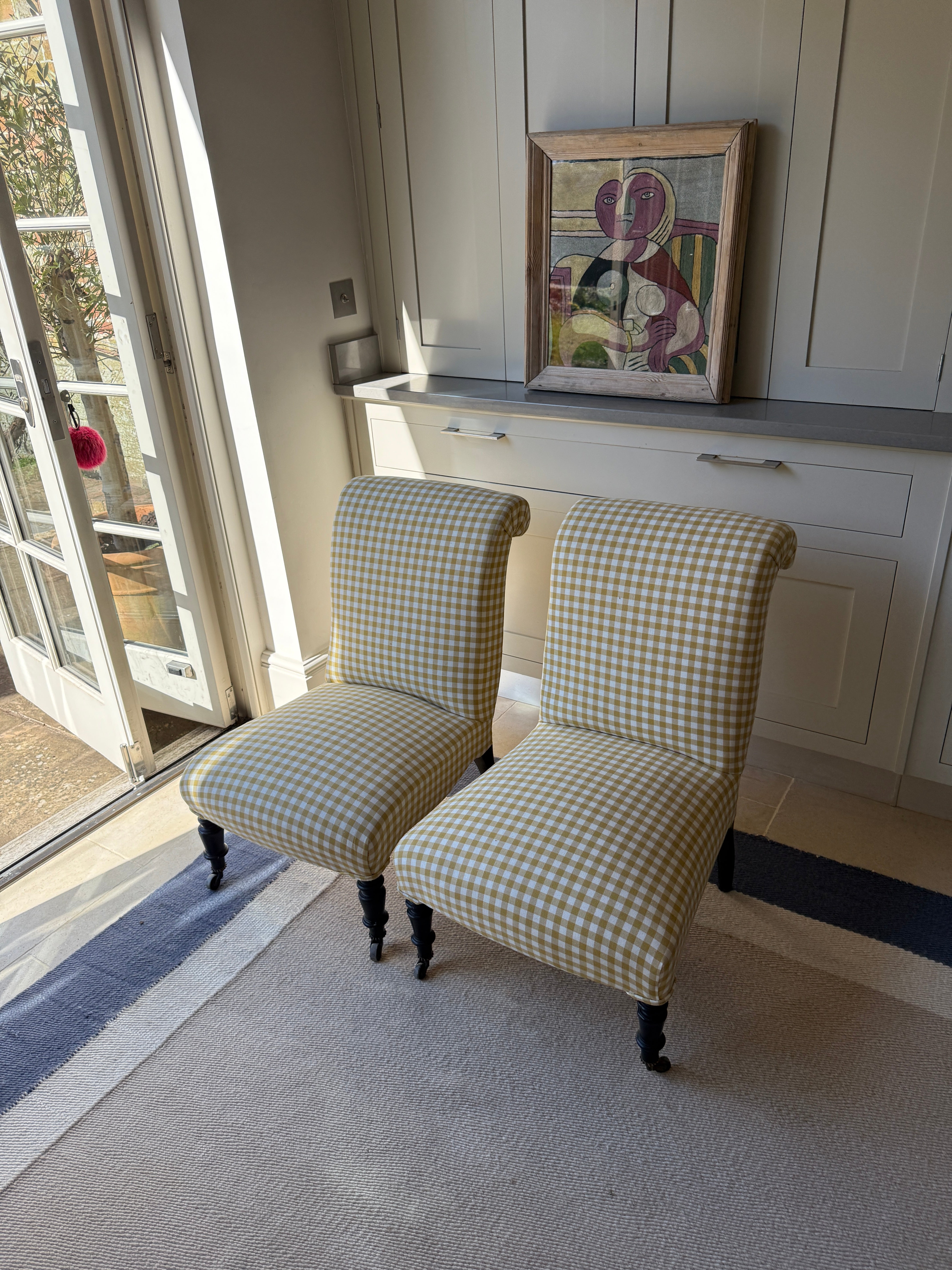 Pair of French Slipper Chairs in Yellow Gingham