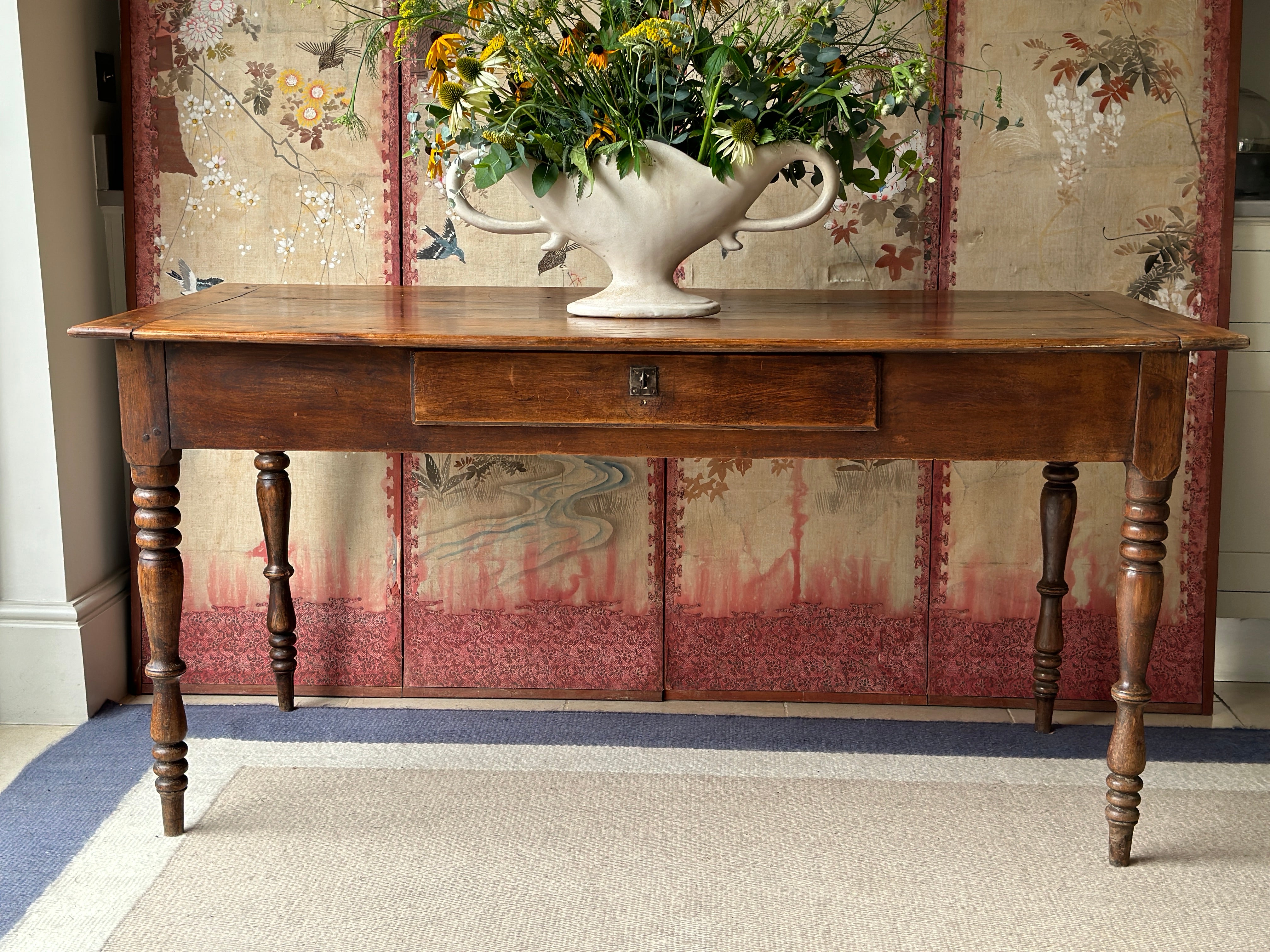 French Antique Pine Dining Table with drawer