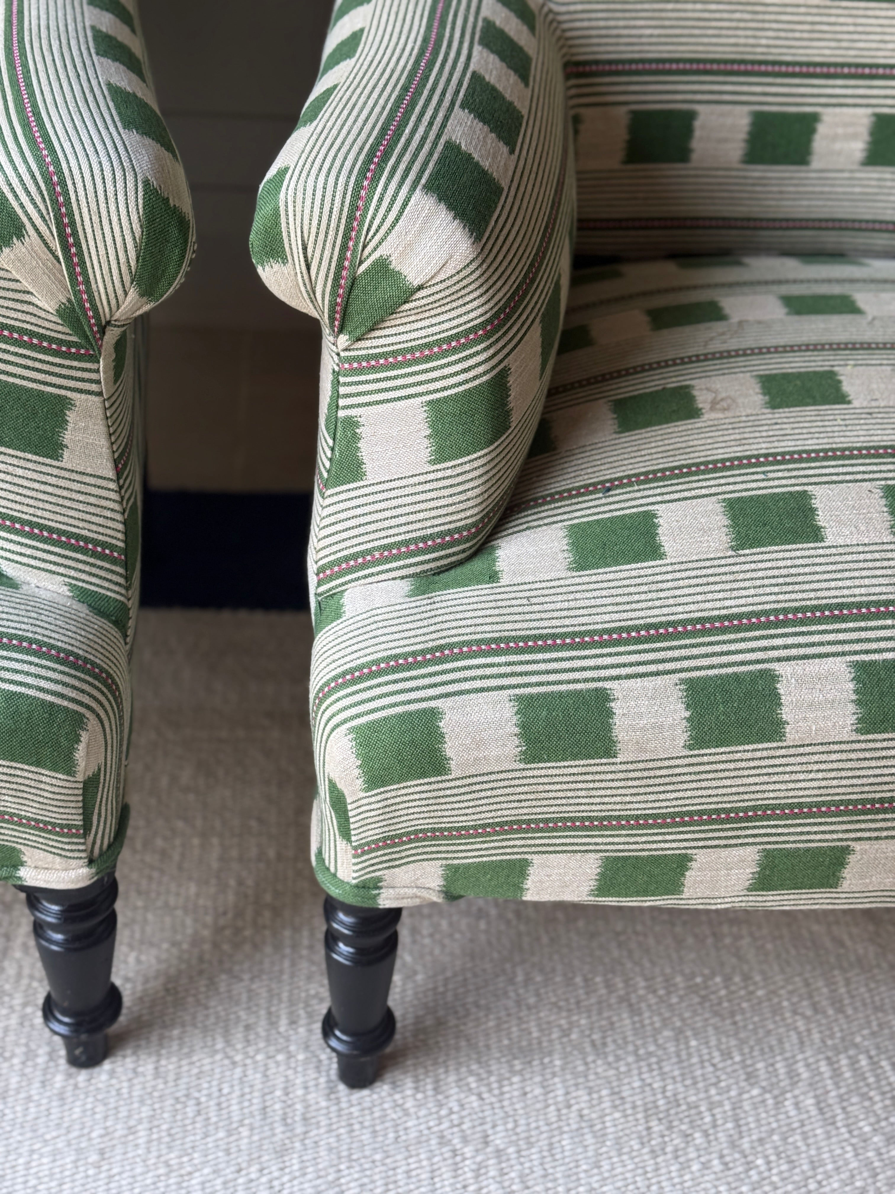 Pair of French Squareback Armchairs in Christopher Farr - Lost and Found