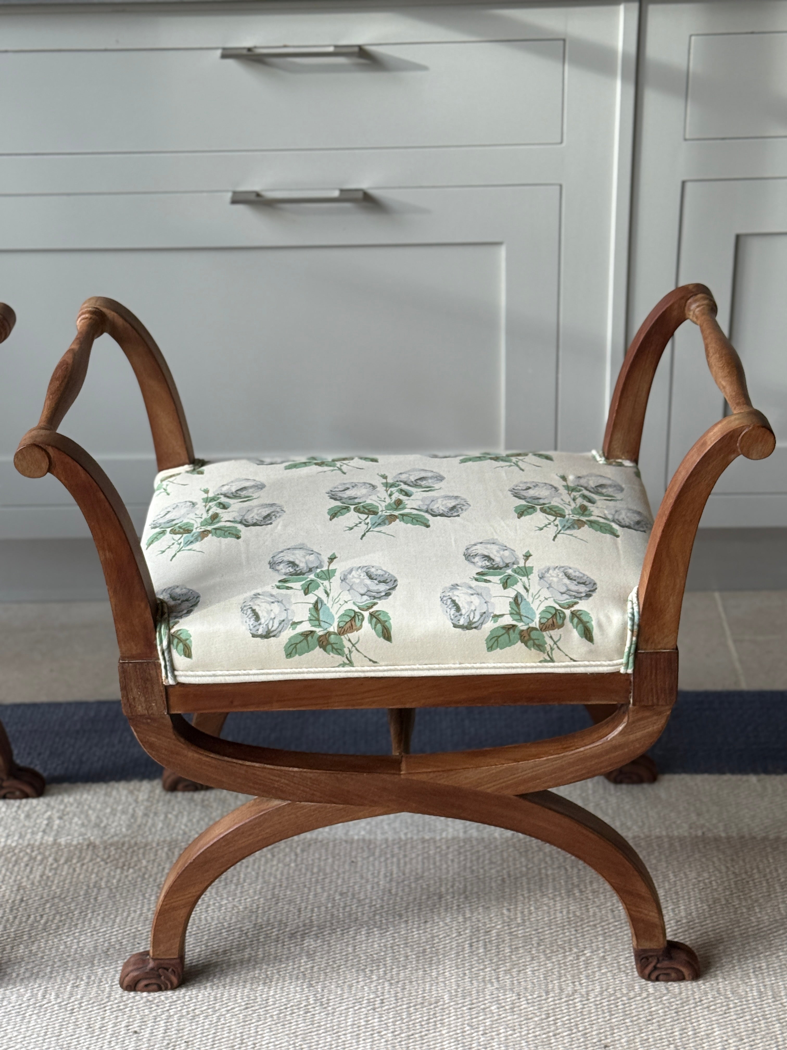 Pair of Bleached Mahogany X Frame Stools Upholstered in Colefax and Fowler Bowood