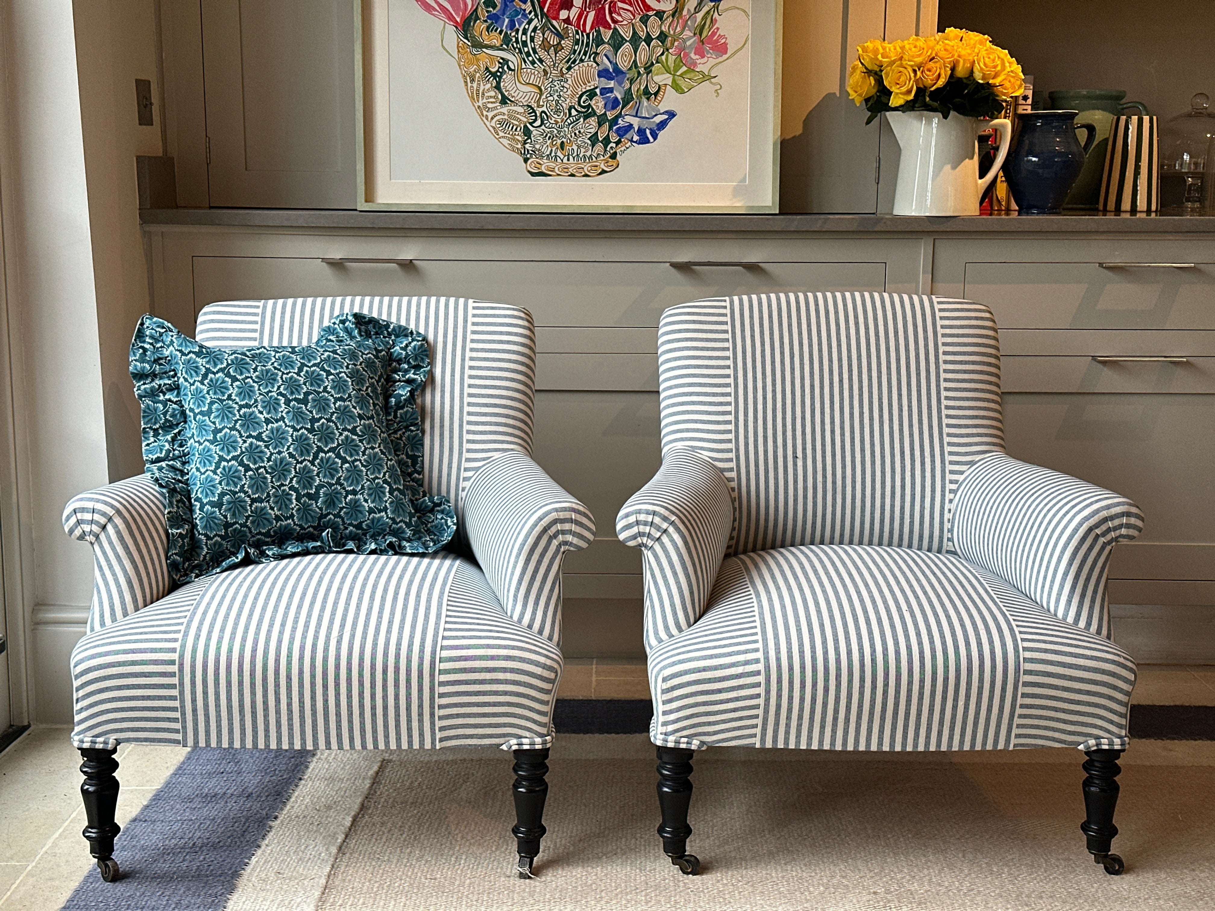 Small Napoleon III Squareback Armchairs in blue ticking