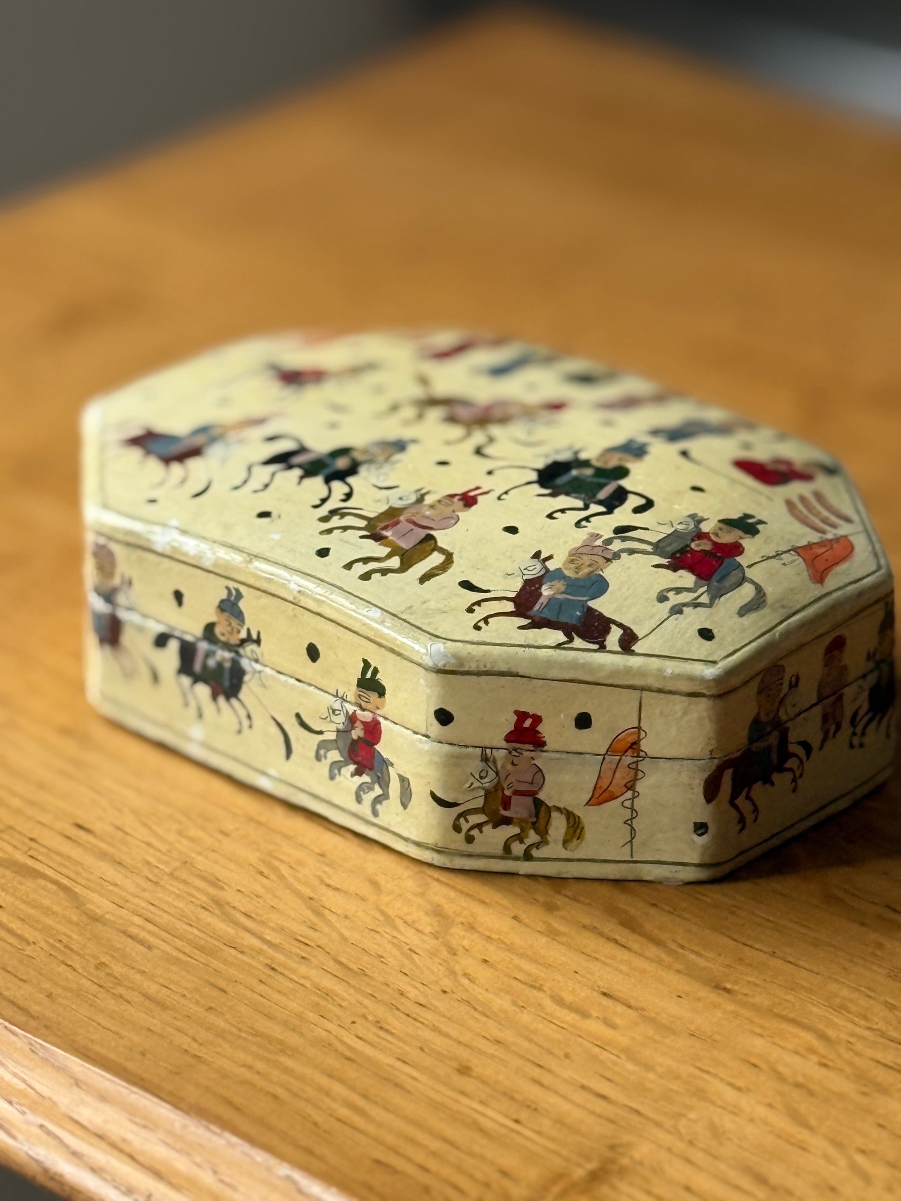 Vintage Yellow Papier Mache box with Mughal polo figures.