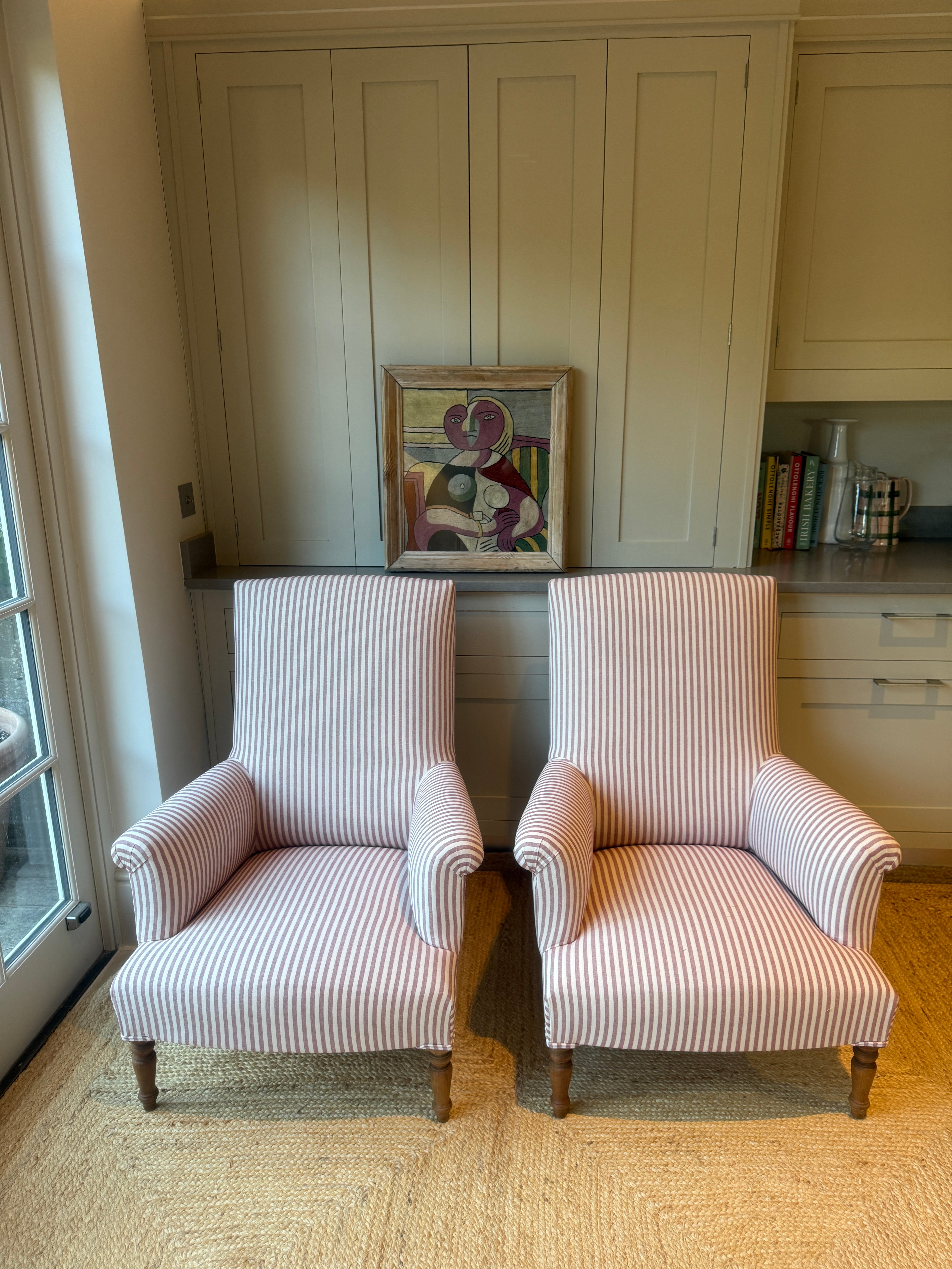 Large Pair of French Armchairs in red and white ticking