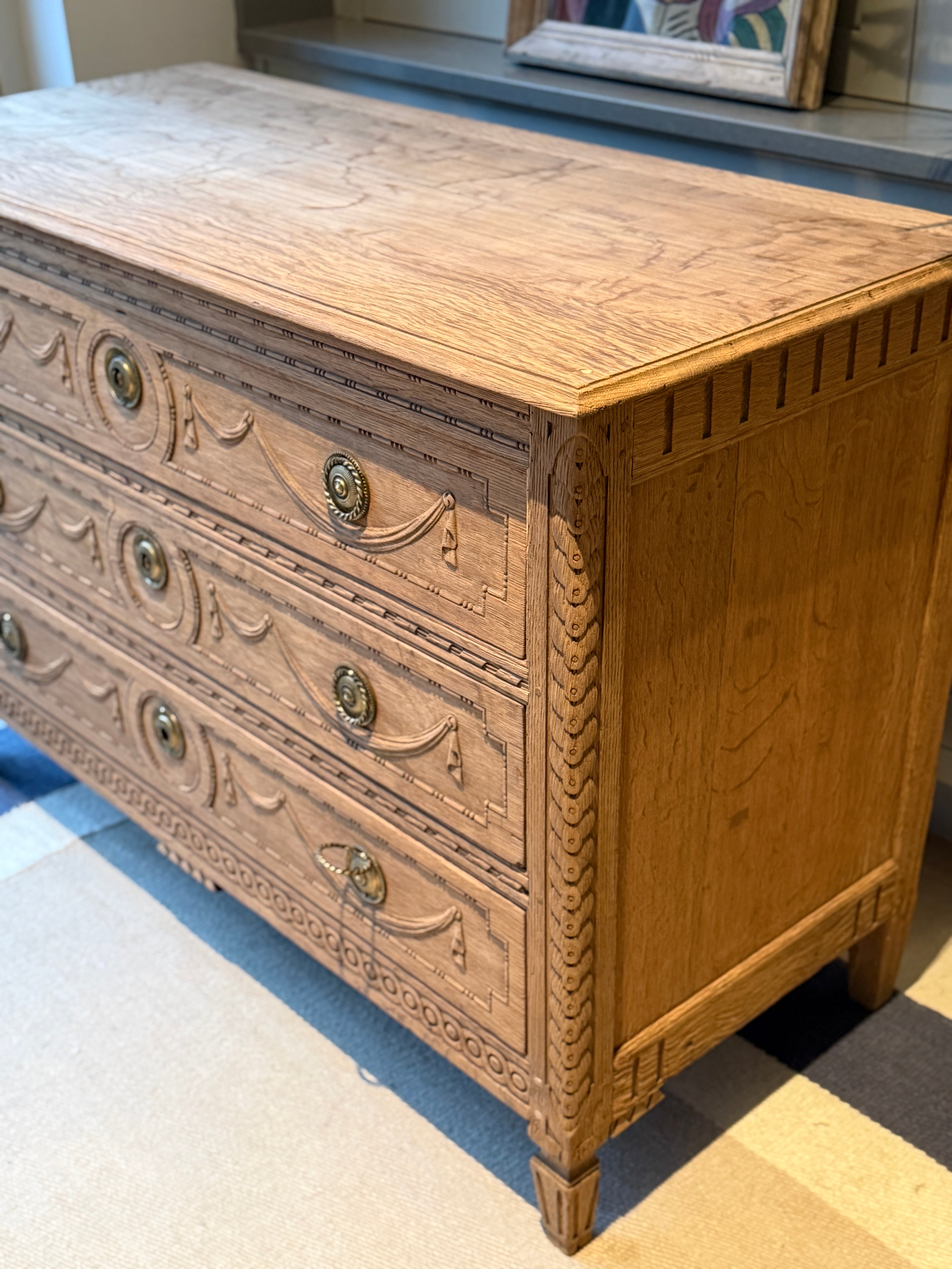 Bleached Oak Commode with Carved wood detail throughout