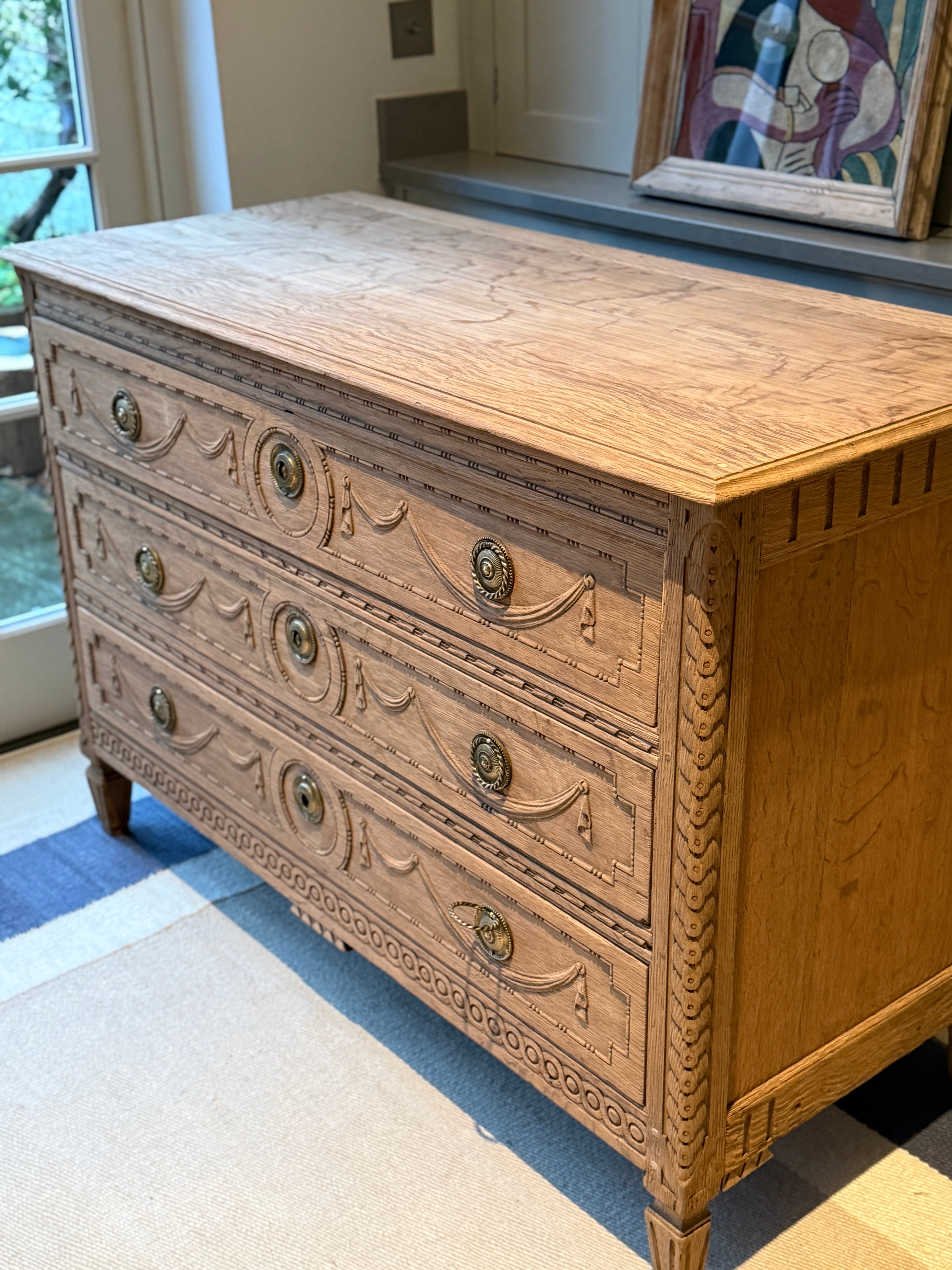 Bleached Oak Commode with Carved wood detail throughout