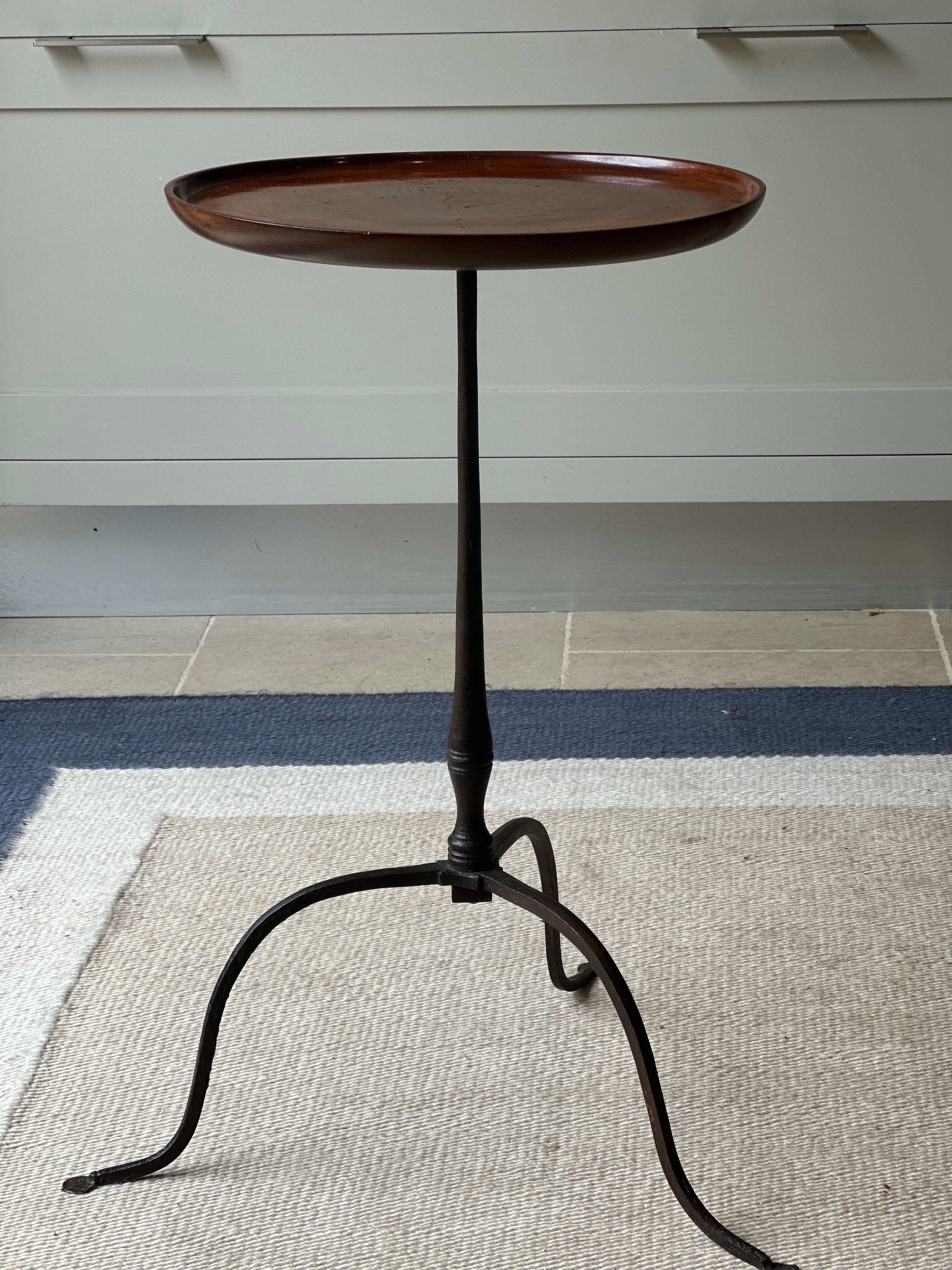 C18th English Wrought Iron Wine Table with Superb fruitwood top