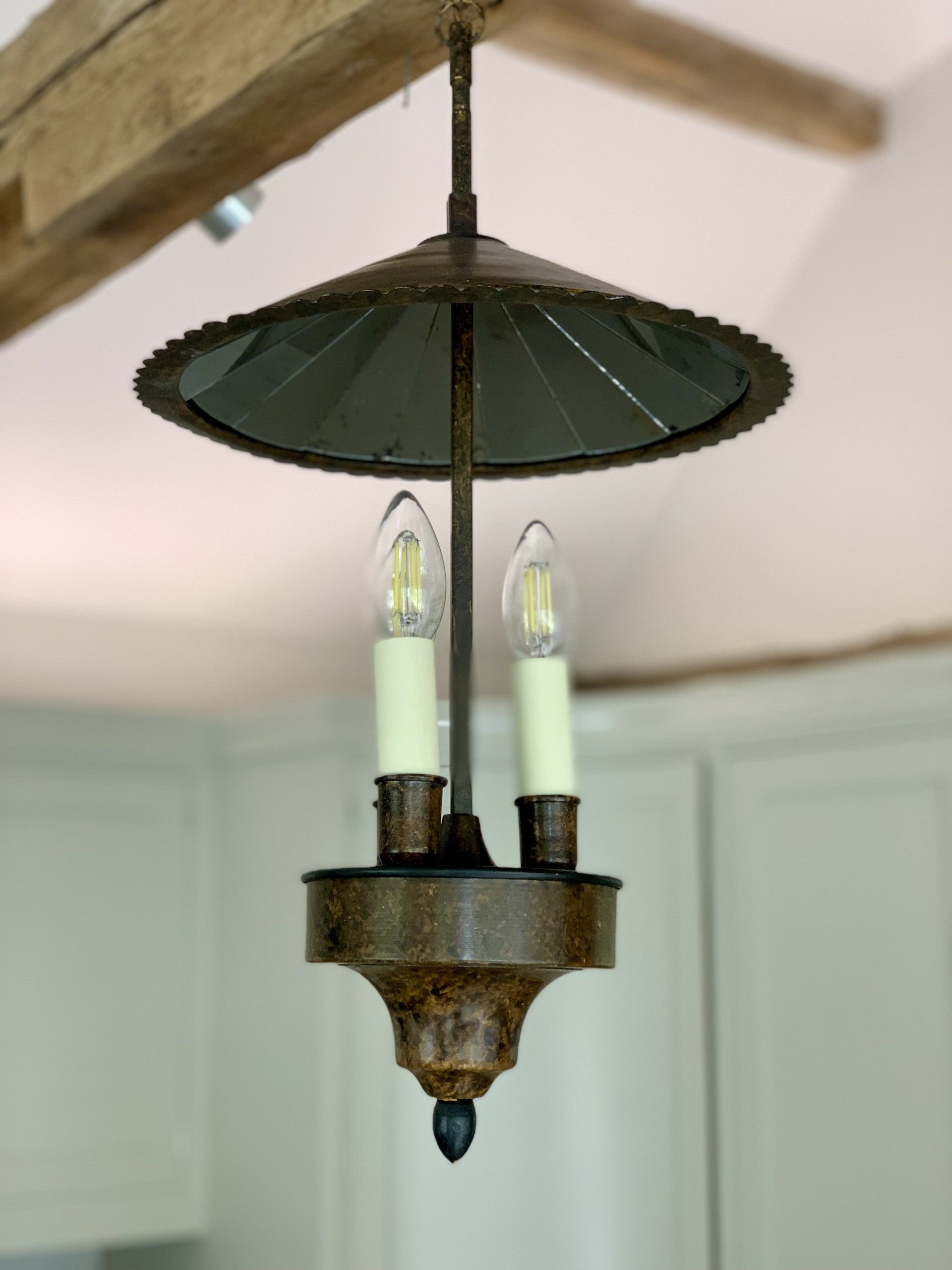 Vintage Colefax or Vaughan Toleware Pendant with 3 Arms and Mirrored Metal Shade