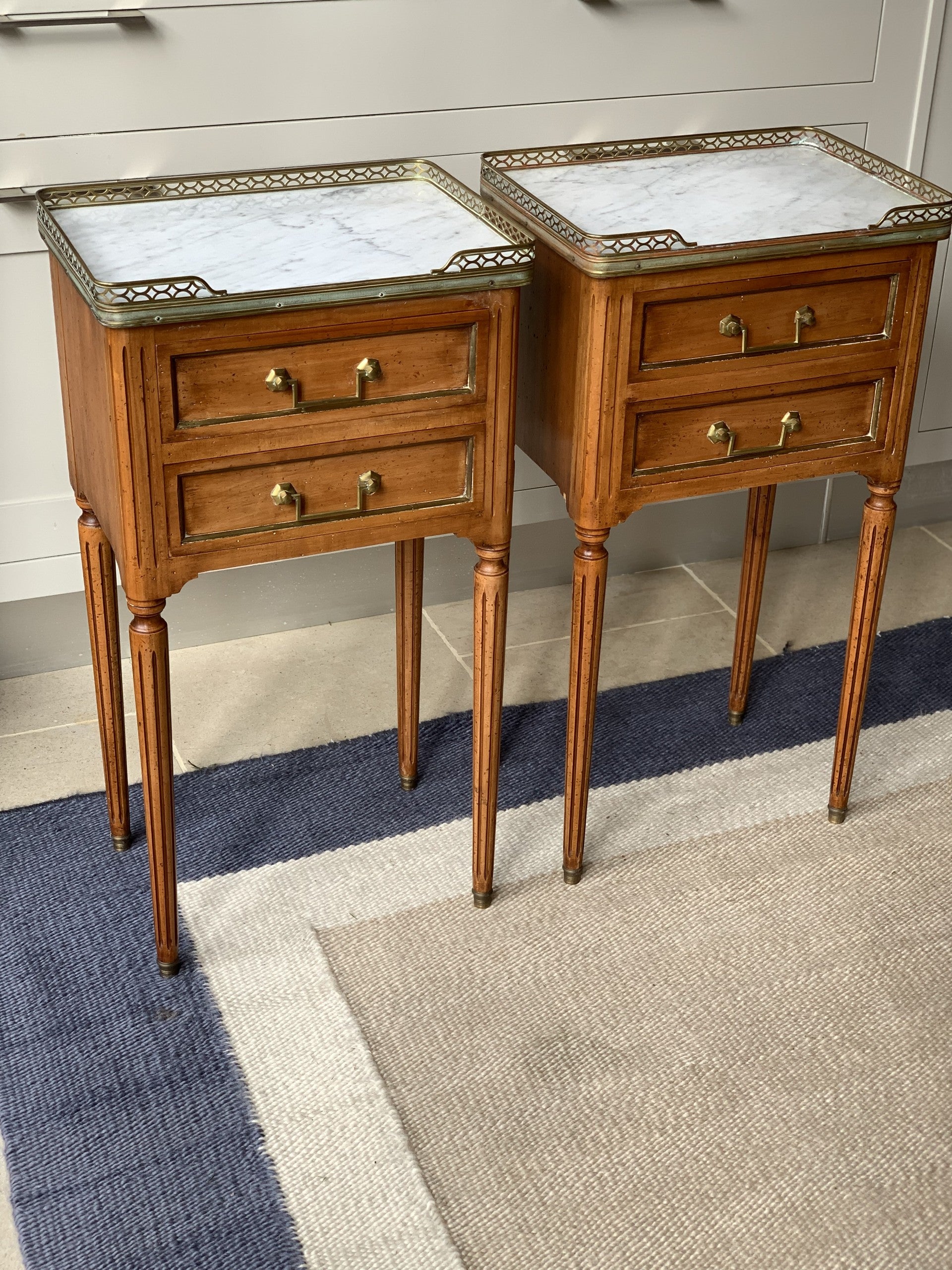 Pair of French Marble Topped Bedside Tables with Brass Galleries