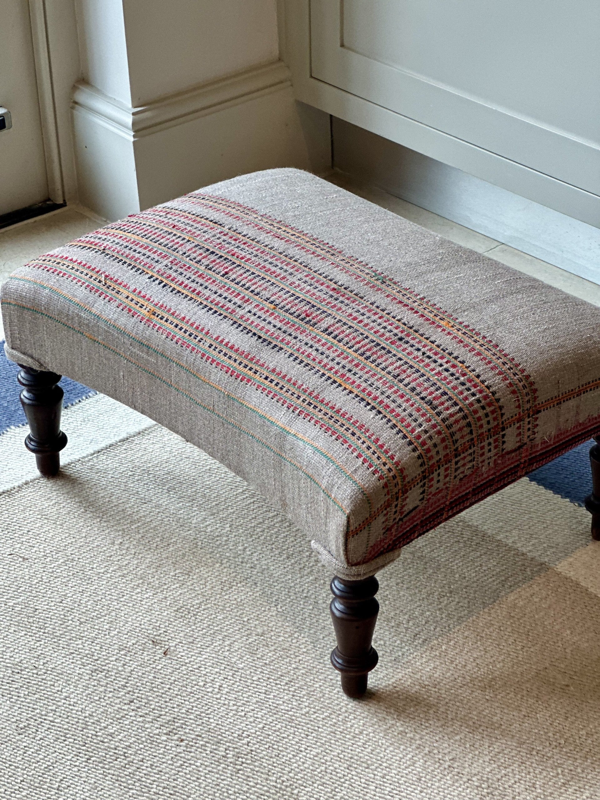 French Ottoman Reupholstered in a Jaisalmeri Embroidered Shawl