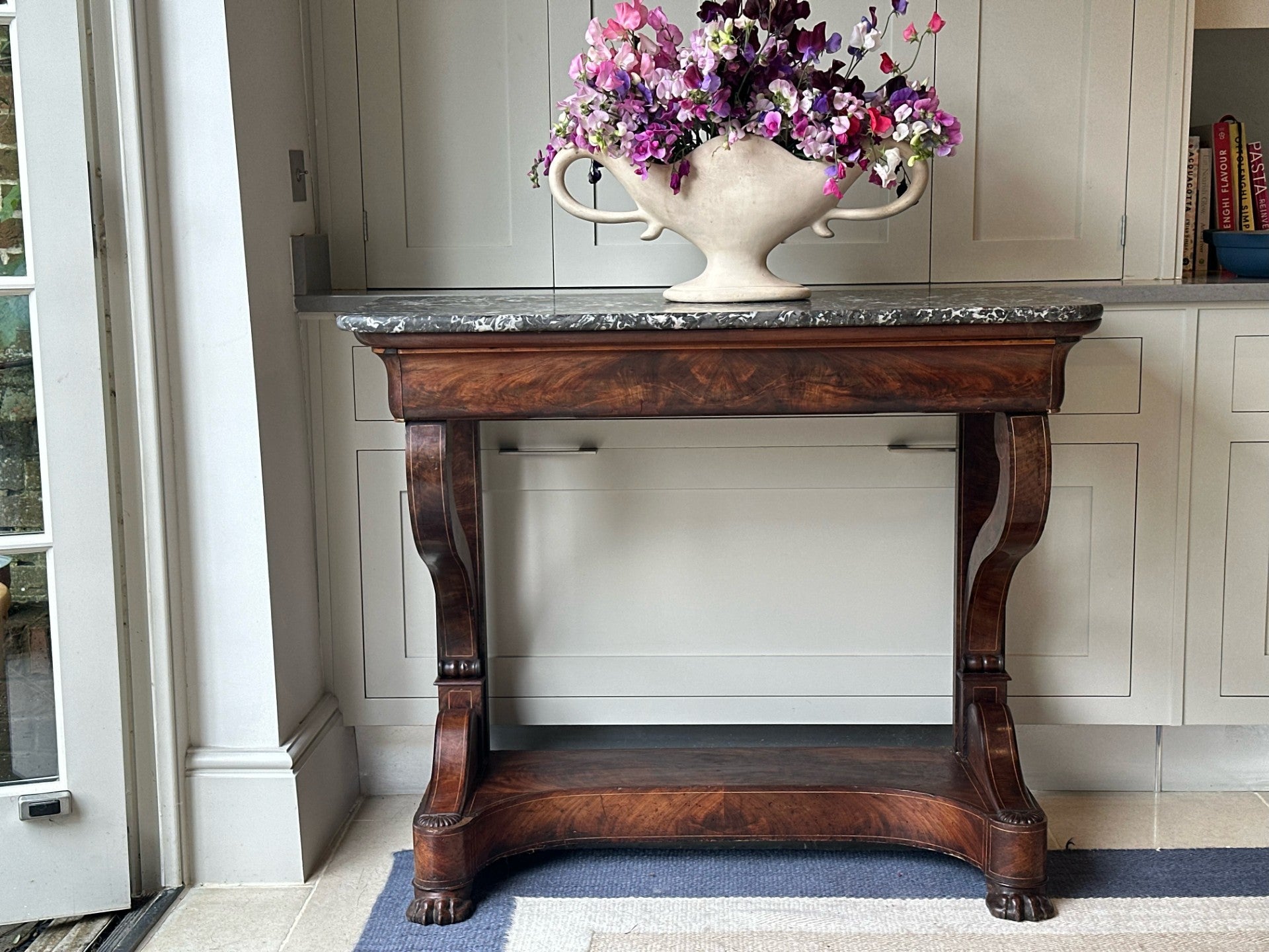 Small Mahogany Console Table with Grey Marble Top and Long Drawer