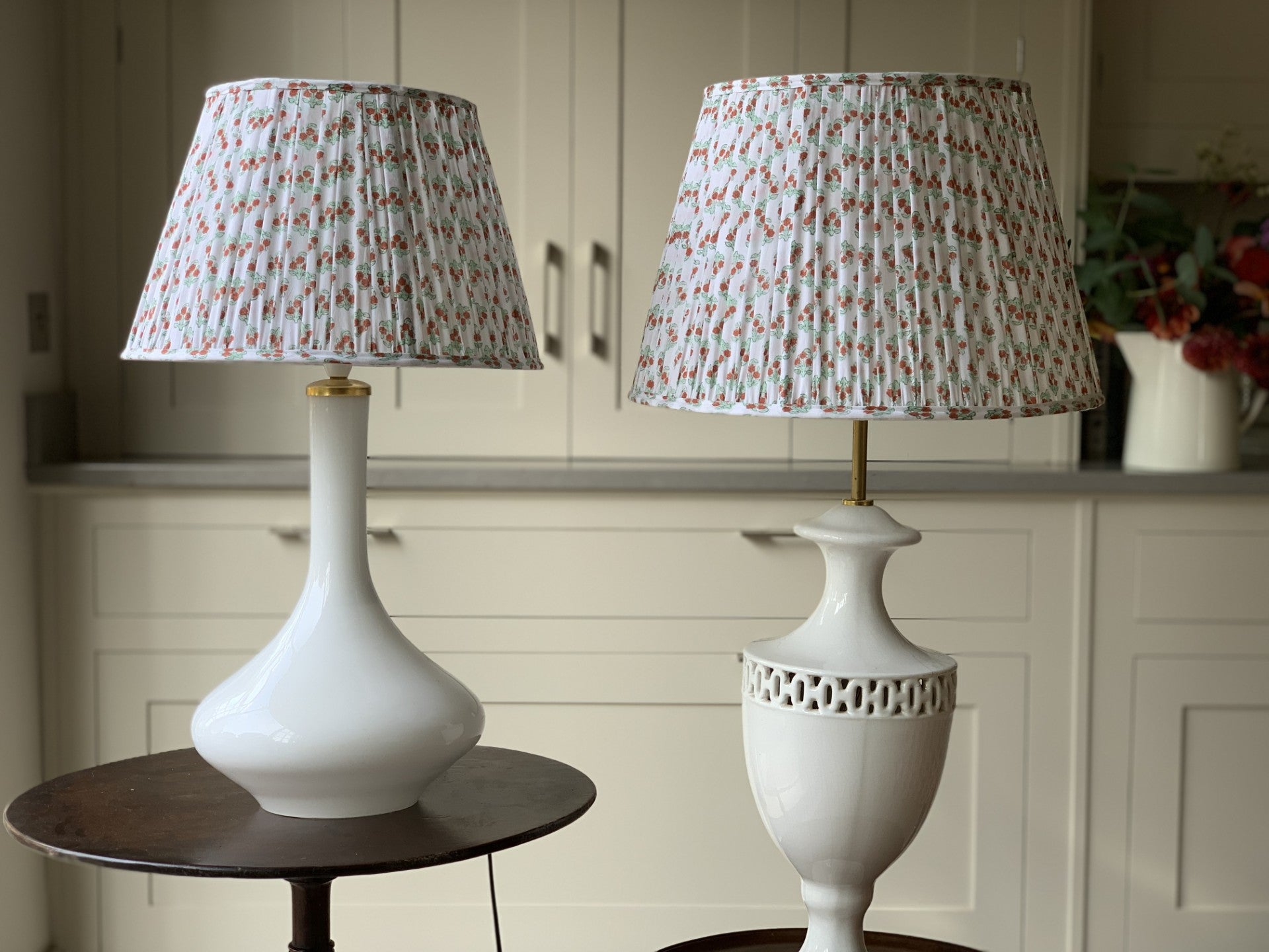 Small Ivory with Geometric Green and Orange Flowers Green Piping Lamp Shade (14 Inch)