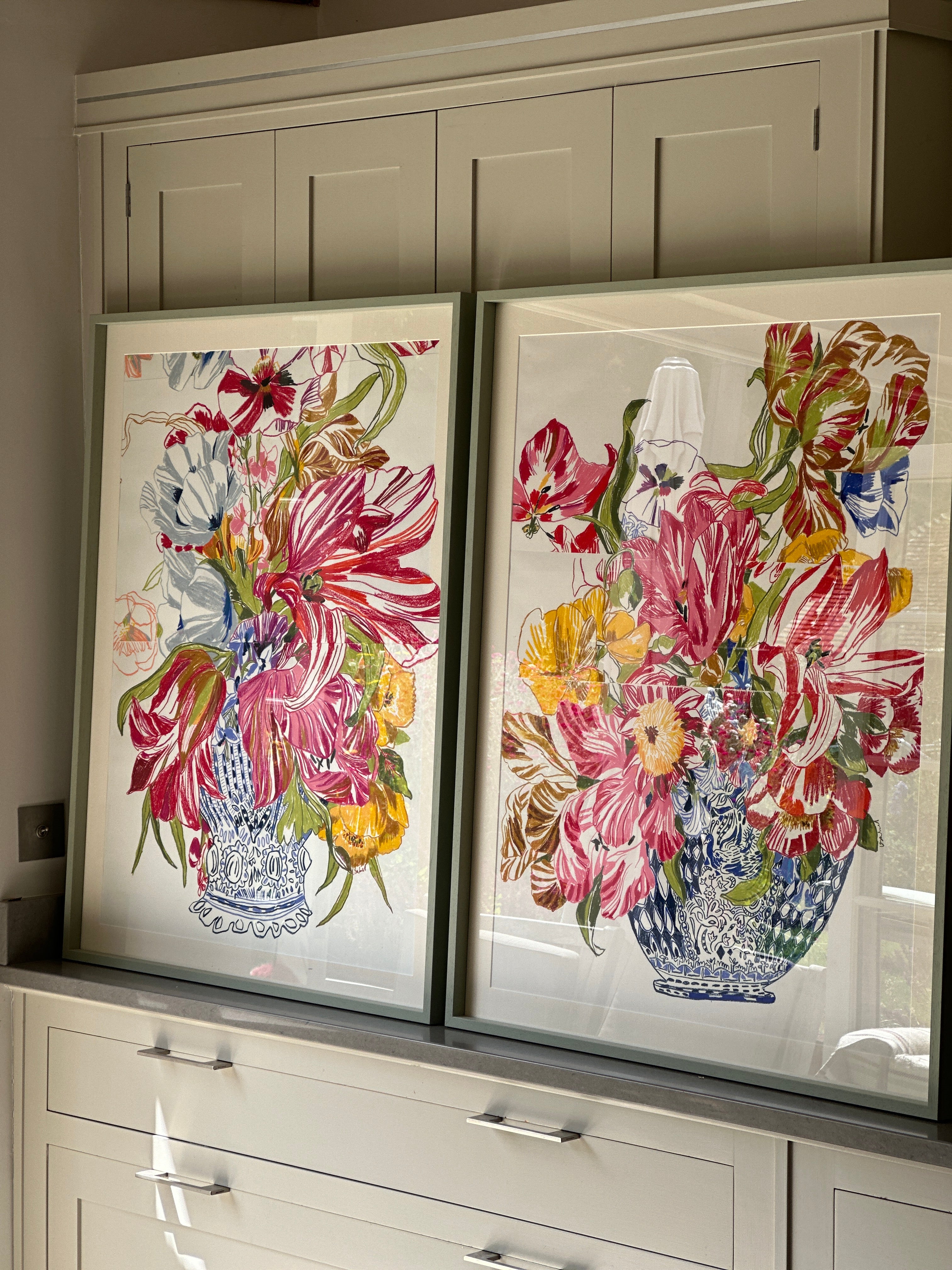 Ochre and Red Tulips - Delft Pot Oil Pastel Collaged by Isabel Fishlock