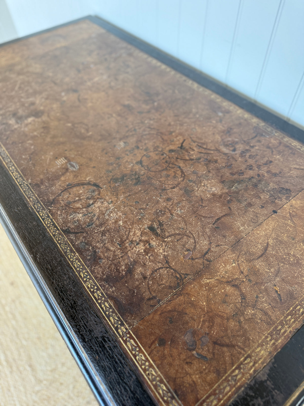 Victorian Aesthetic Movement Ebonised Writing Table with Gilt Detail and Leather Top