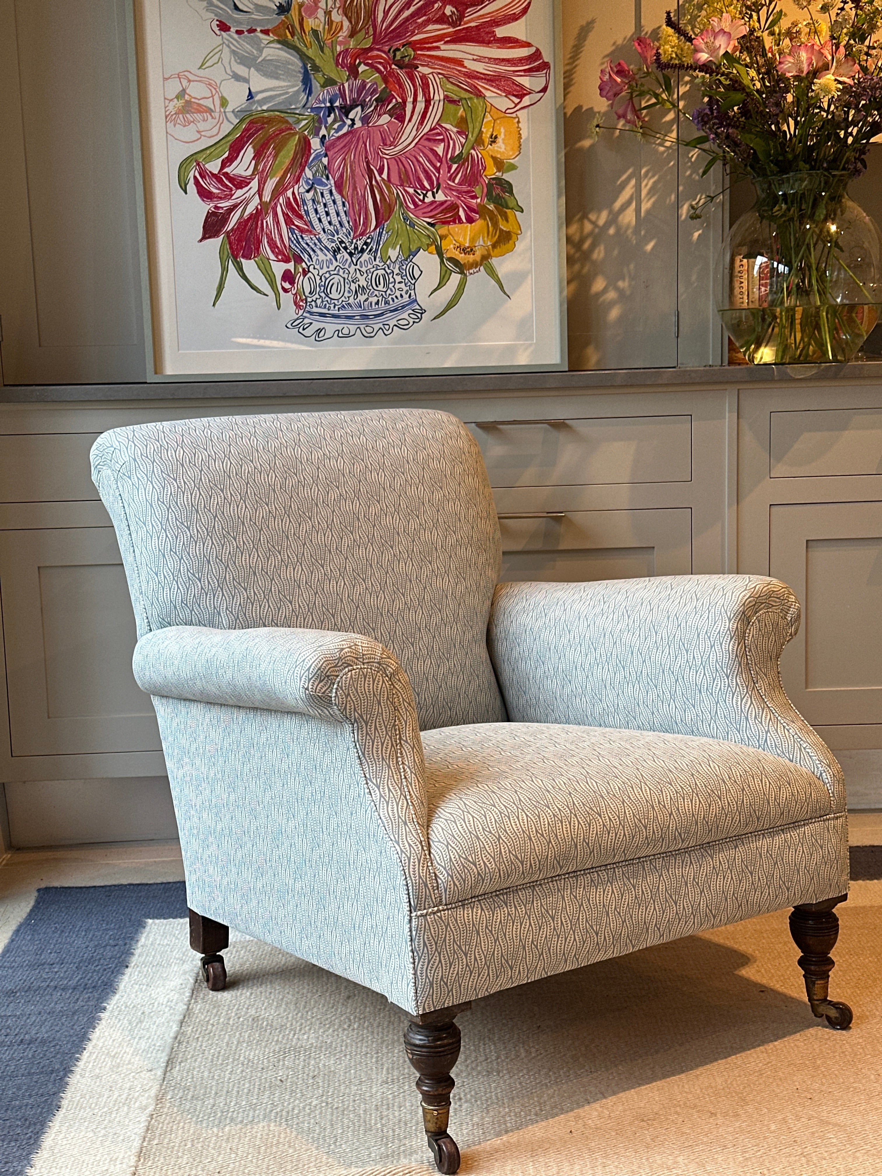 Large English 19th Century Armchair in Bennison Benjelloun Teal on Oyster