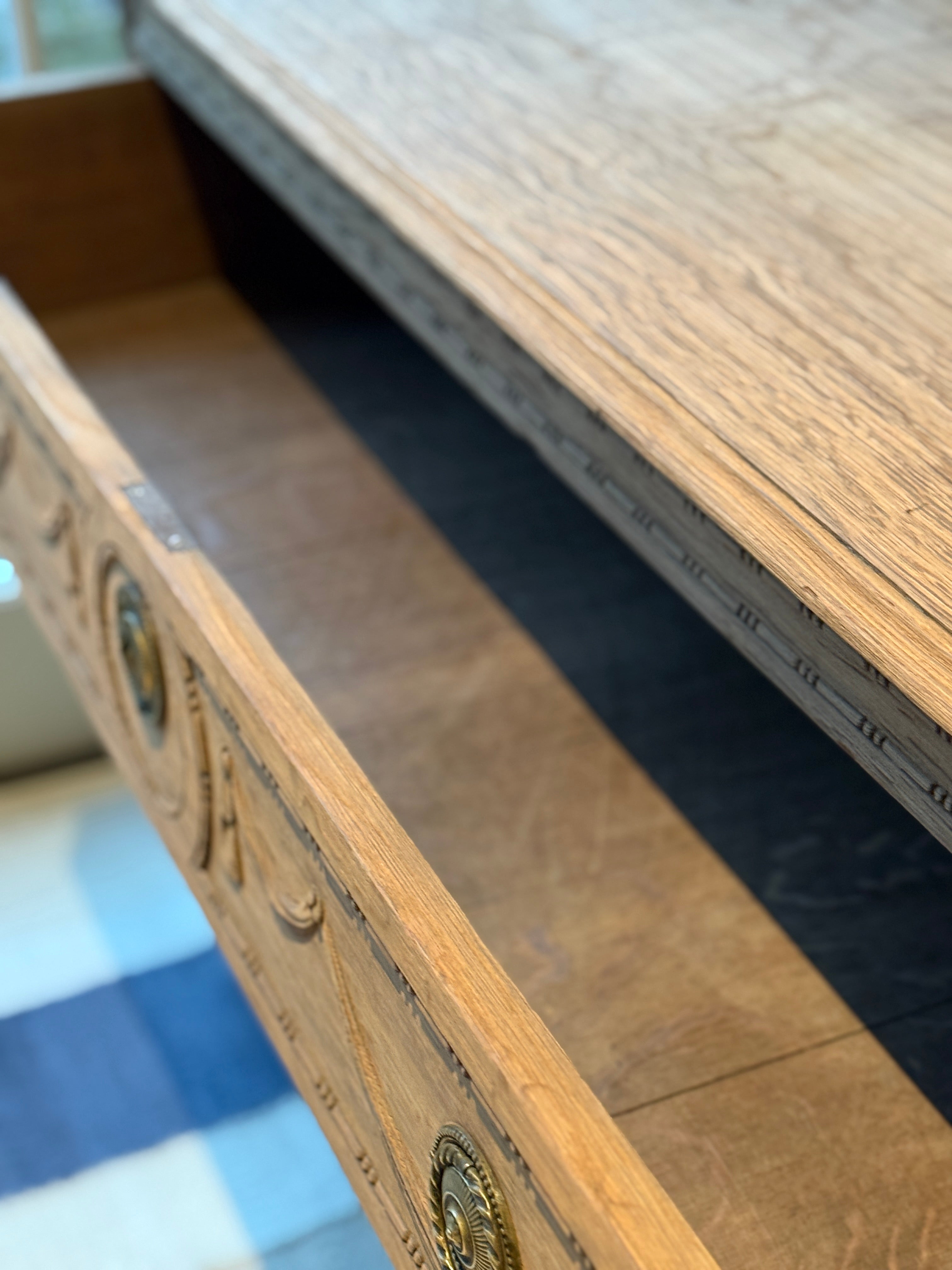 Bleached Oak Commode with Carved wood detail throughout