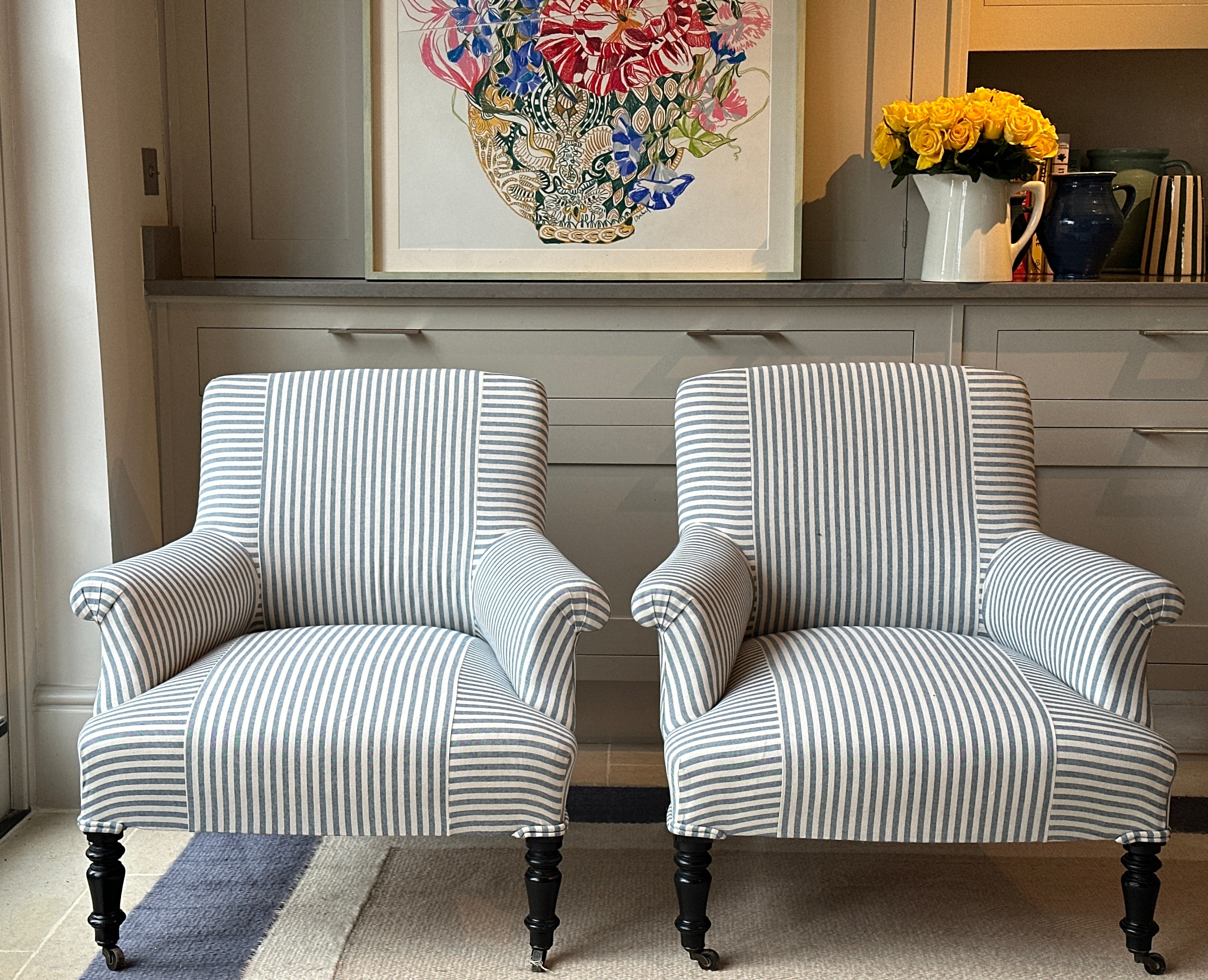 Small Napoleon III Squareback Armchairs in blue ticking
