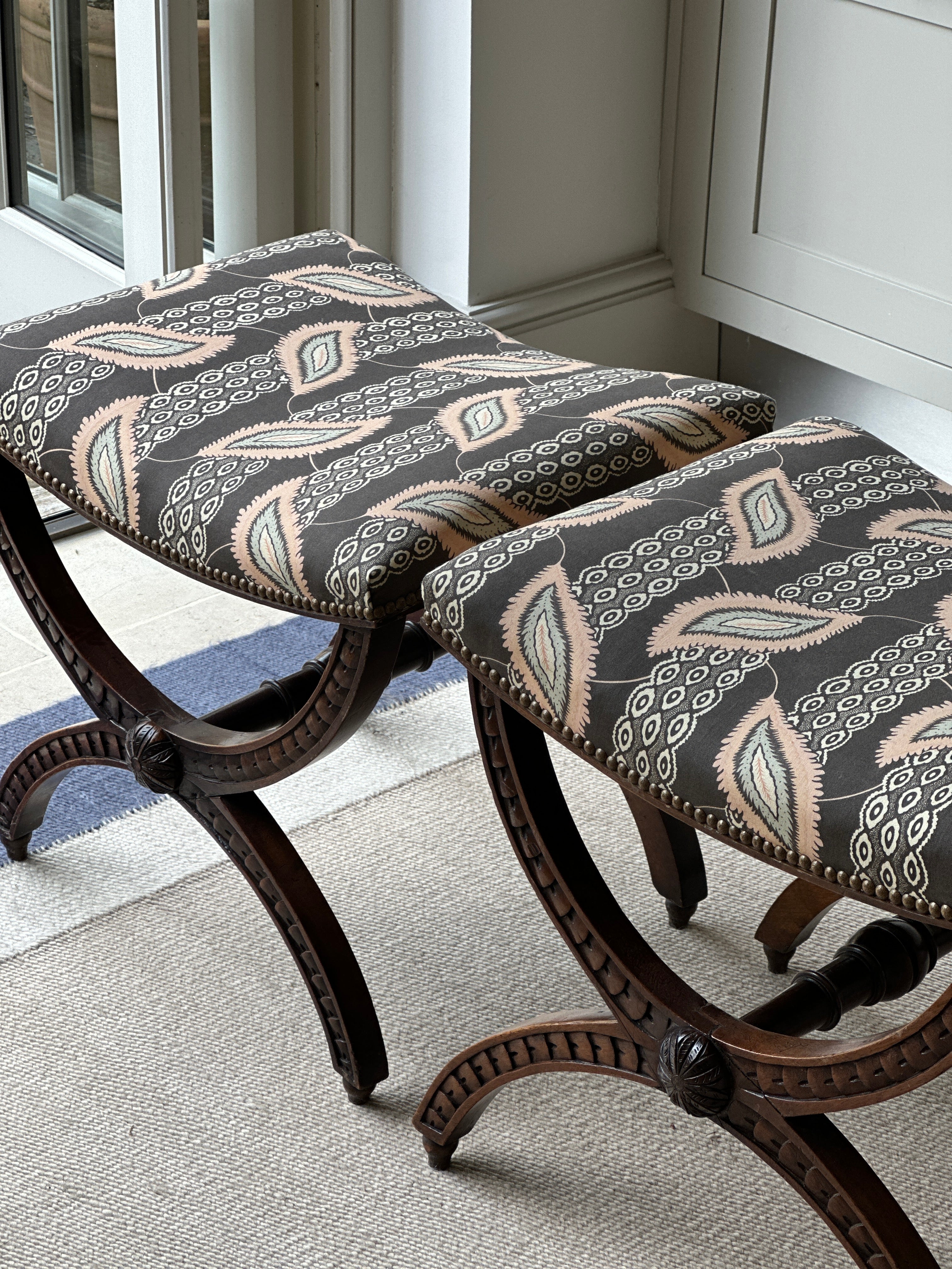 Pair of English X Frame Footstools in John Stefanidis Josephine