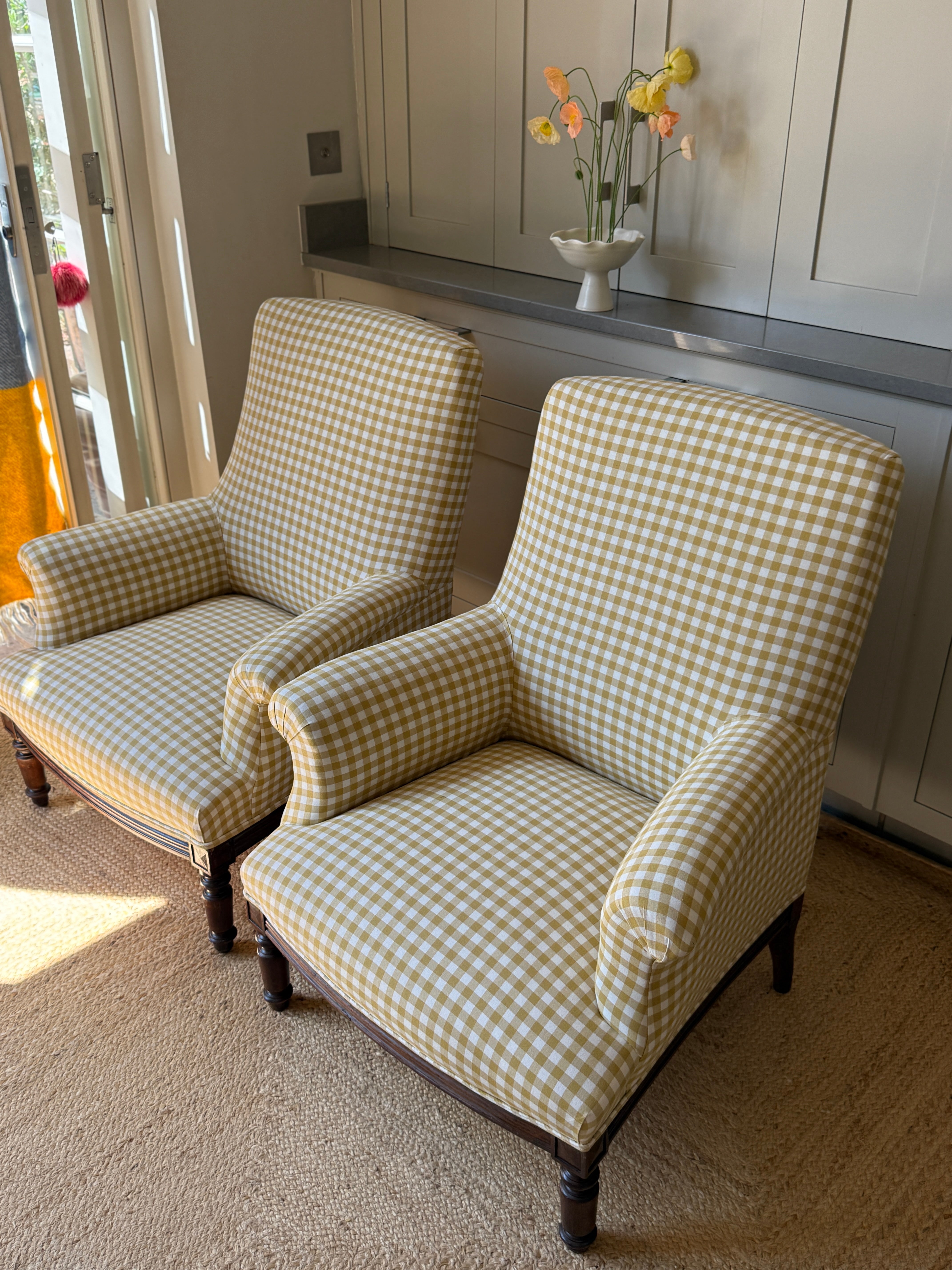 A Pair of Napoleon III Armchairs, Reupholstered in Yellow Gingham