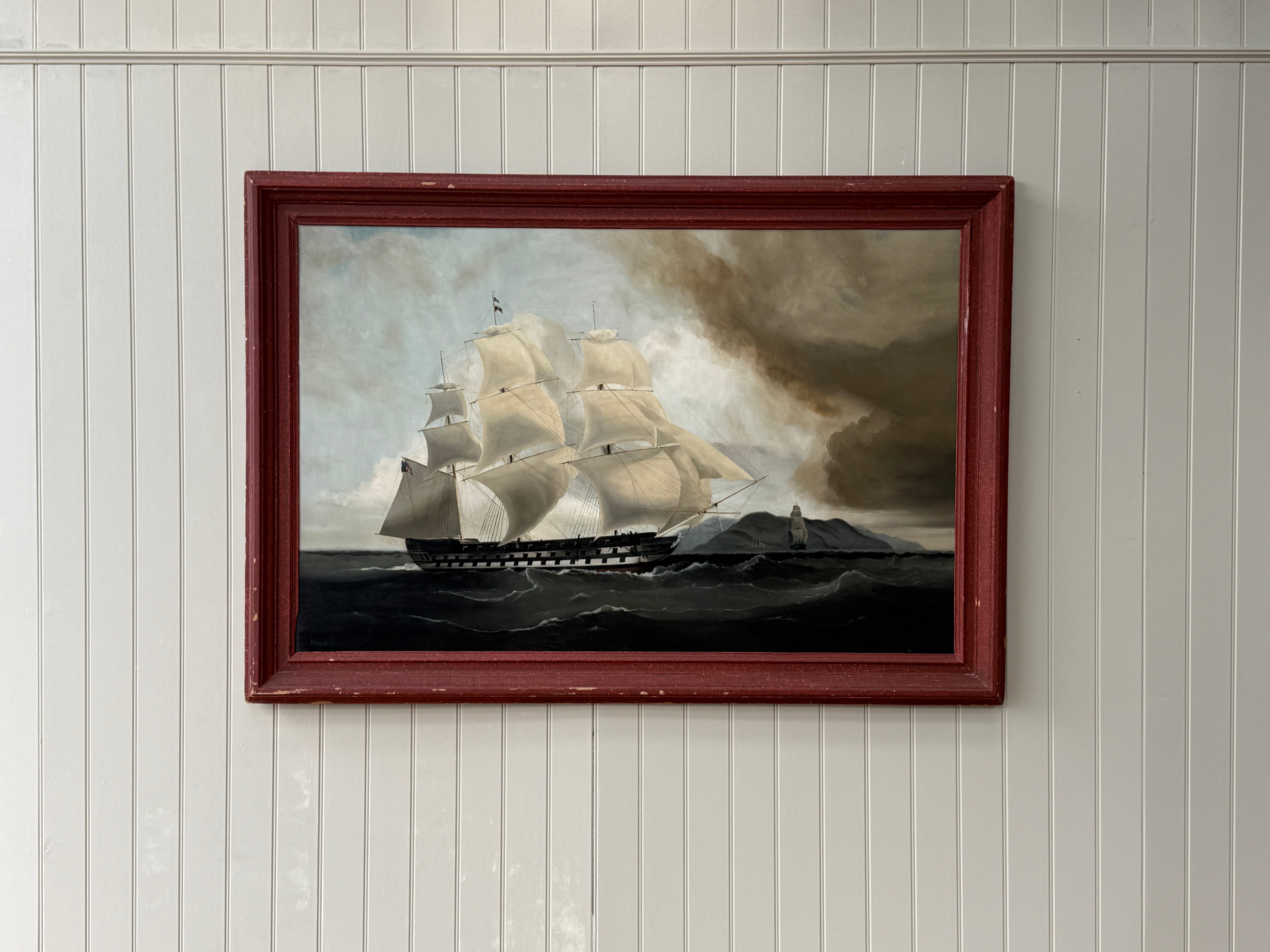 Large Naive Oil Painting of huge Sail boat in Harbour by A Findlay