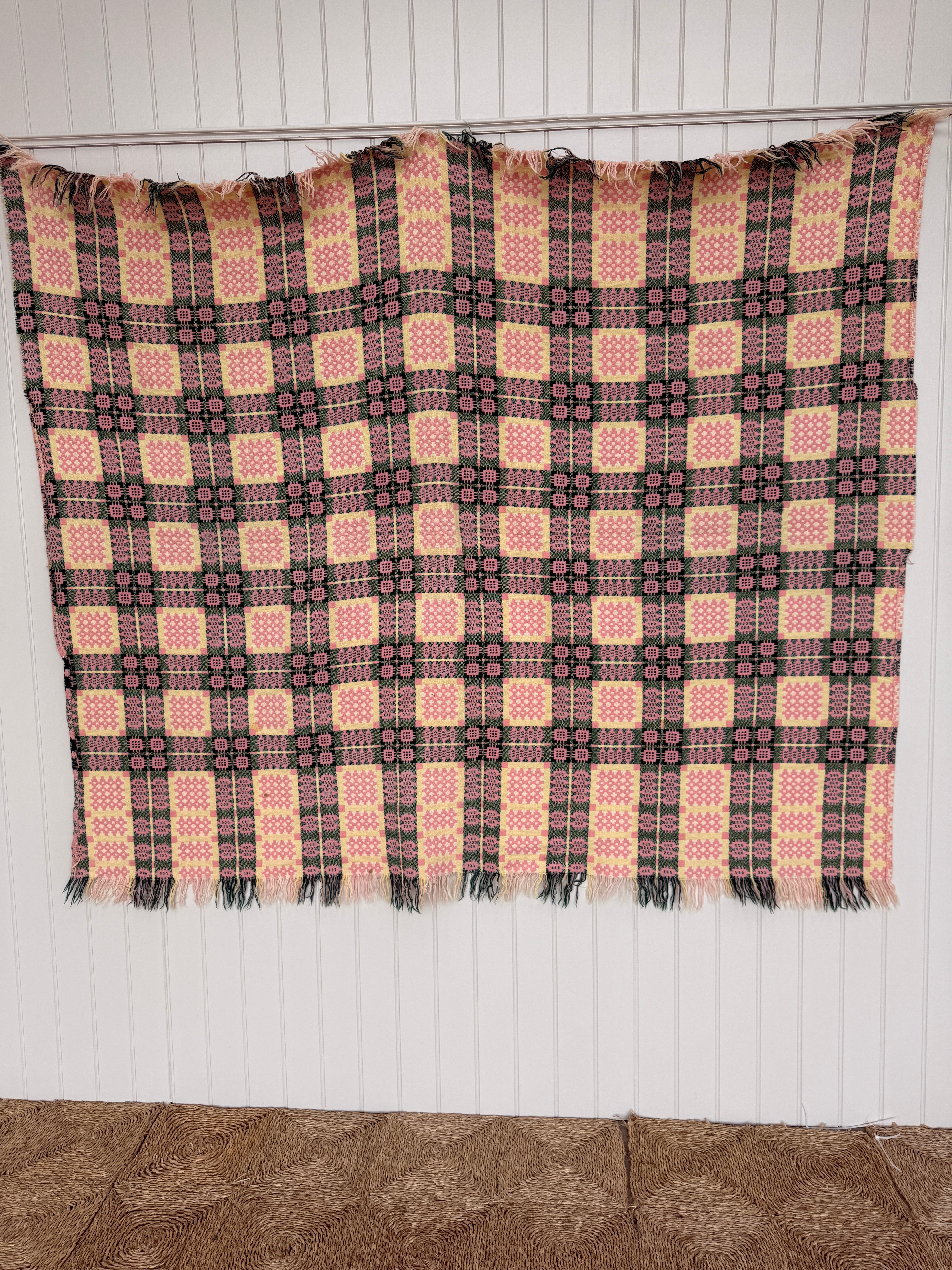 Vintage Welsh Blanket in Pink, Green and Yellow