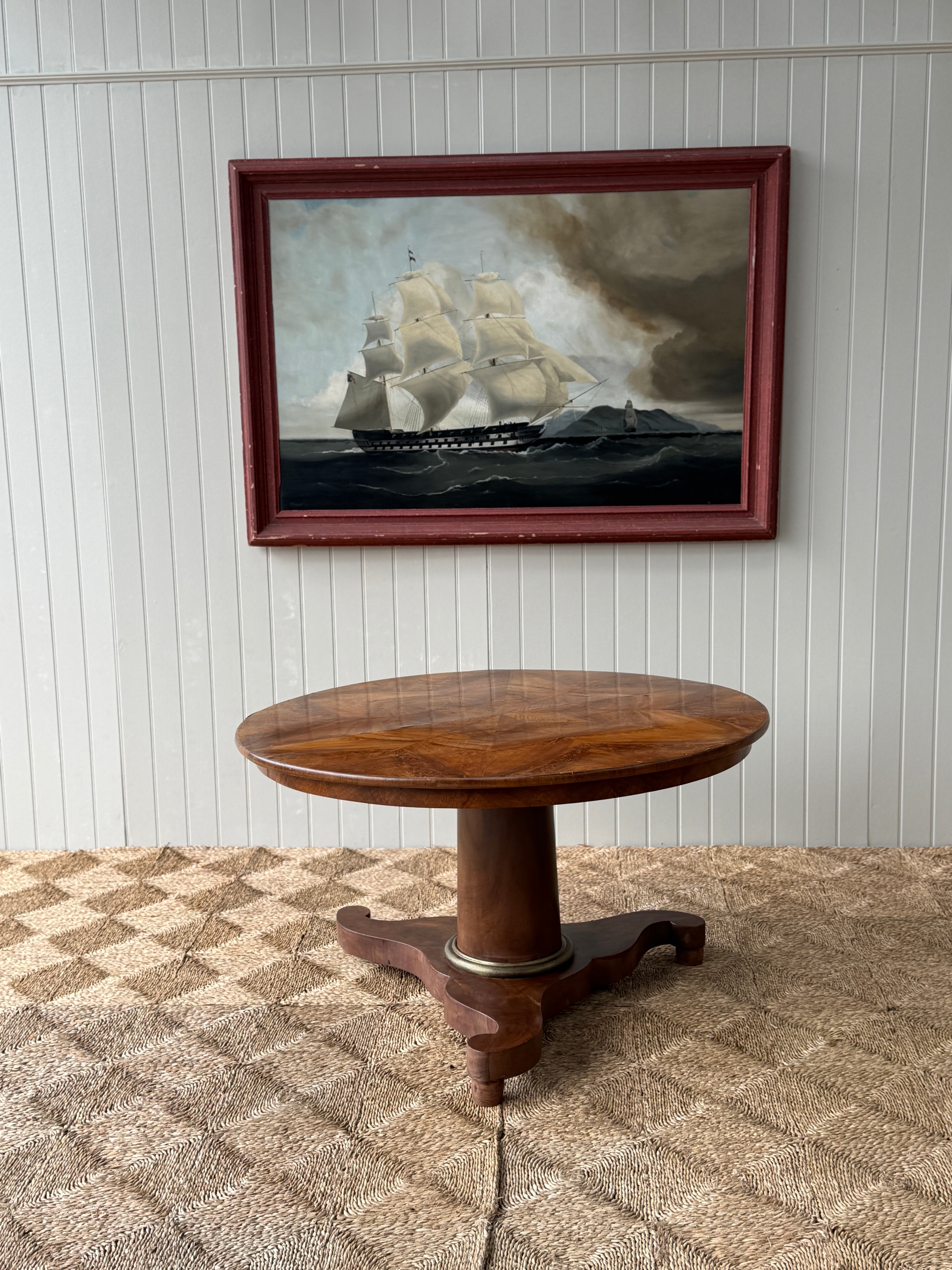 Large Naive Oil Painting of huge Sail boat in Harbour by A Findlay