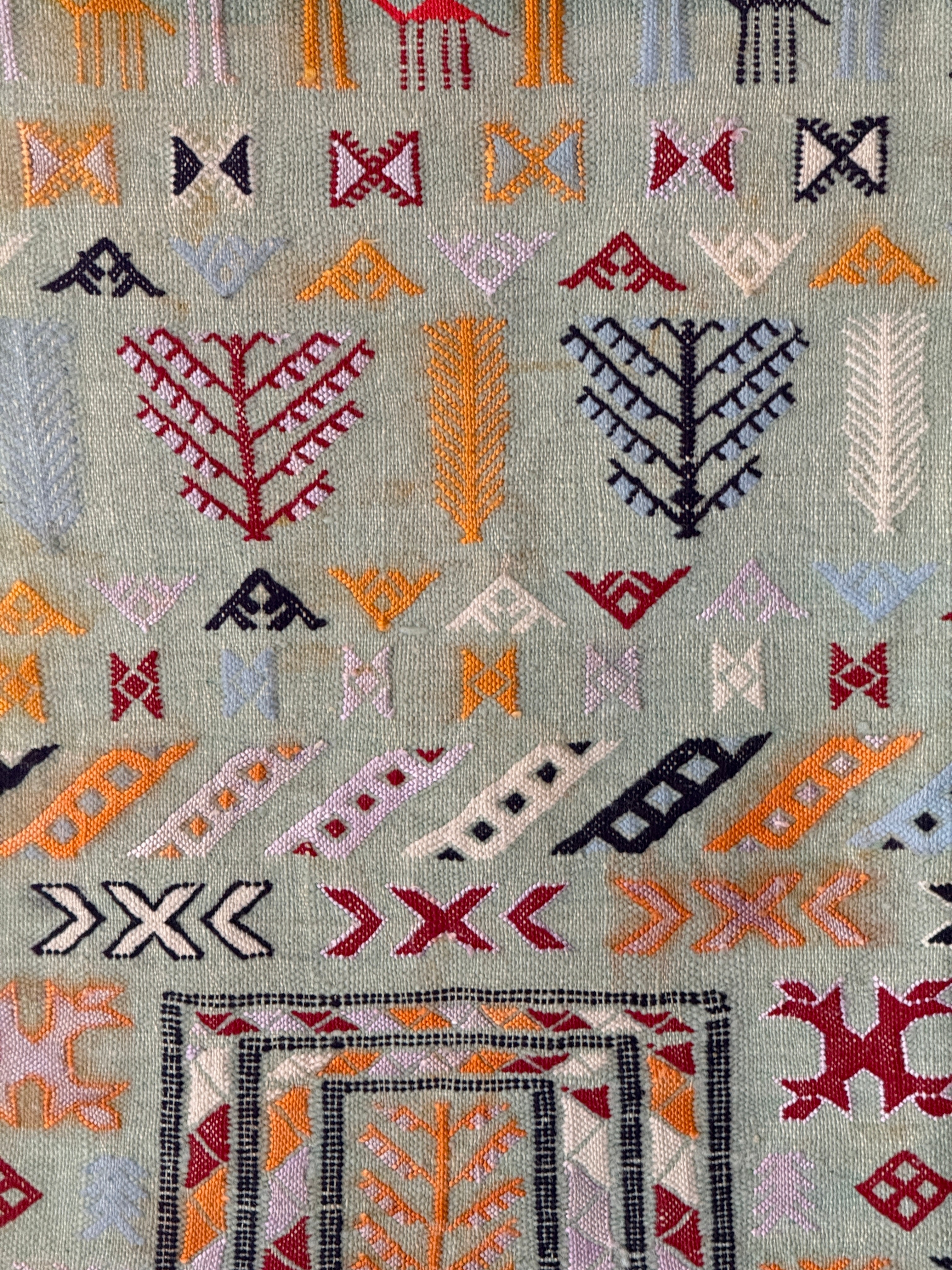 Vintage Pale Blue Moroccan Kilim with polychrome motifs